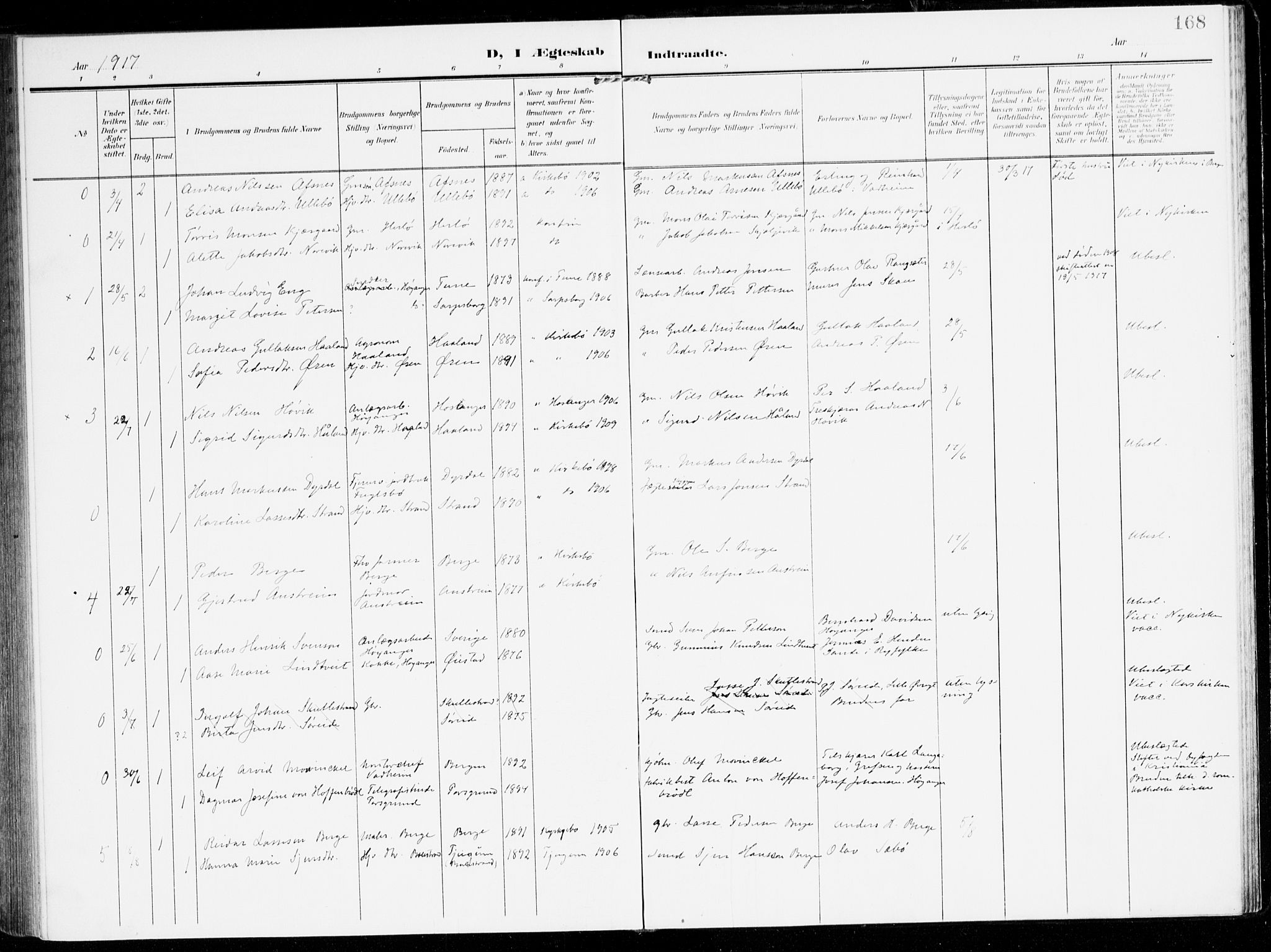 Lavik sokneprestembete, AV/SAB-A-80901: Parish register (official) no. C 2, 1904-1921, p. 168