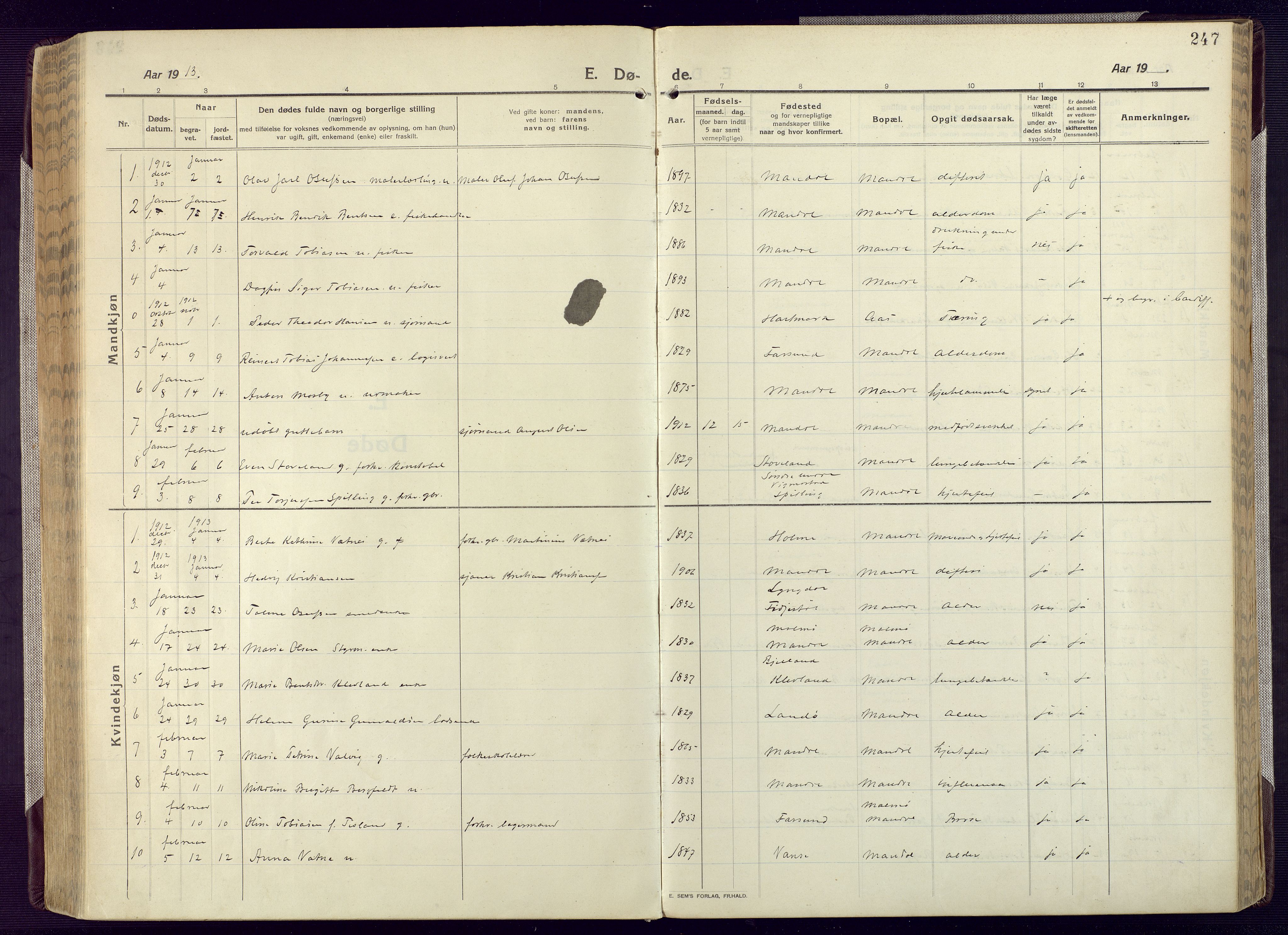 Mandal sokneprestkontor, SAK/1111-0030/F/Fa/Fac/L0001: Parish register (official) no. A 1, 1913-1925, p. 247