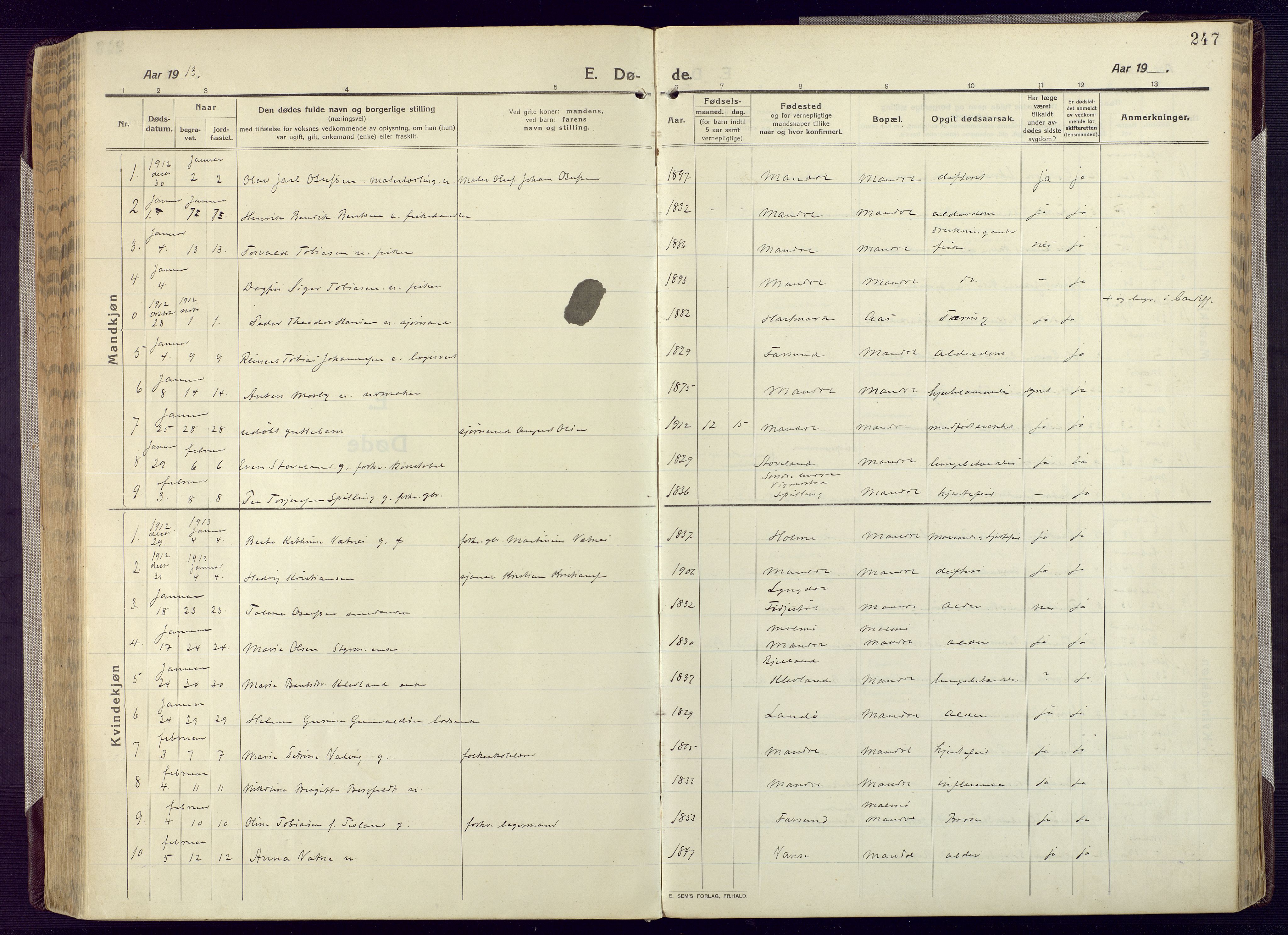 Mandal sokneprestkontor, AV/SAK-1111-0030/F/Fa/Fac/L0001: Parish register (official) no. A 1, 1913-1925, p. 247