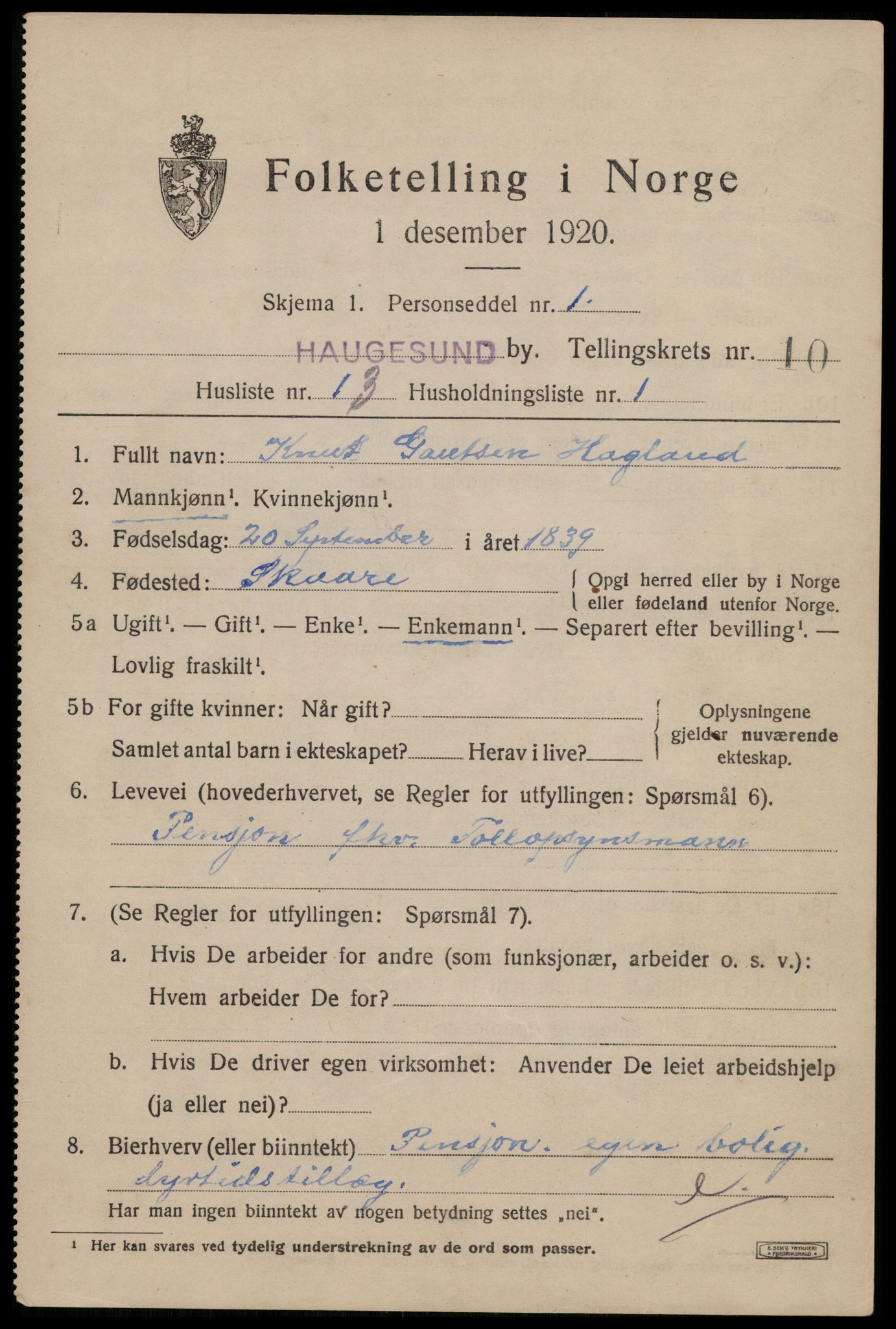 SAST, 1920 census for Haugesund, 1920, p. 33891
