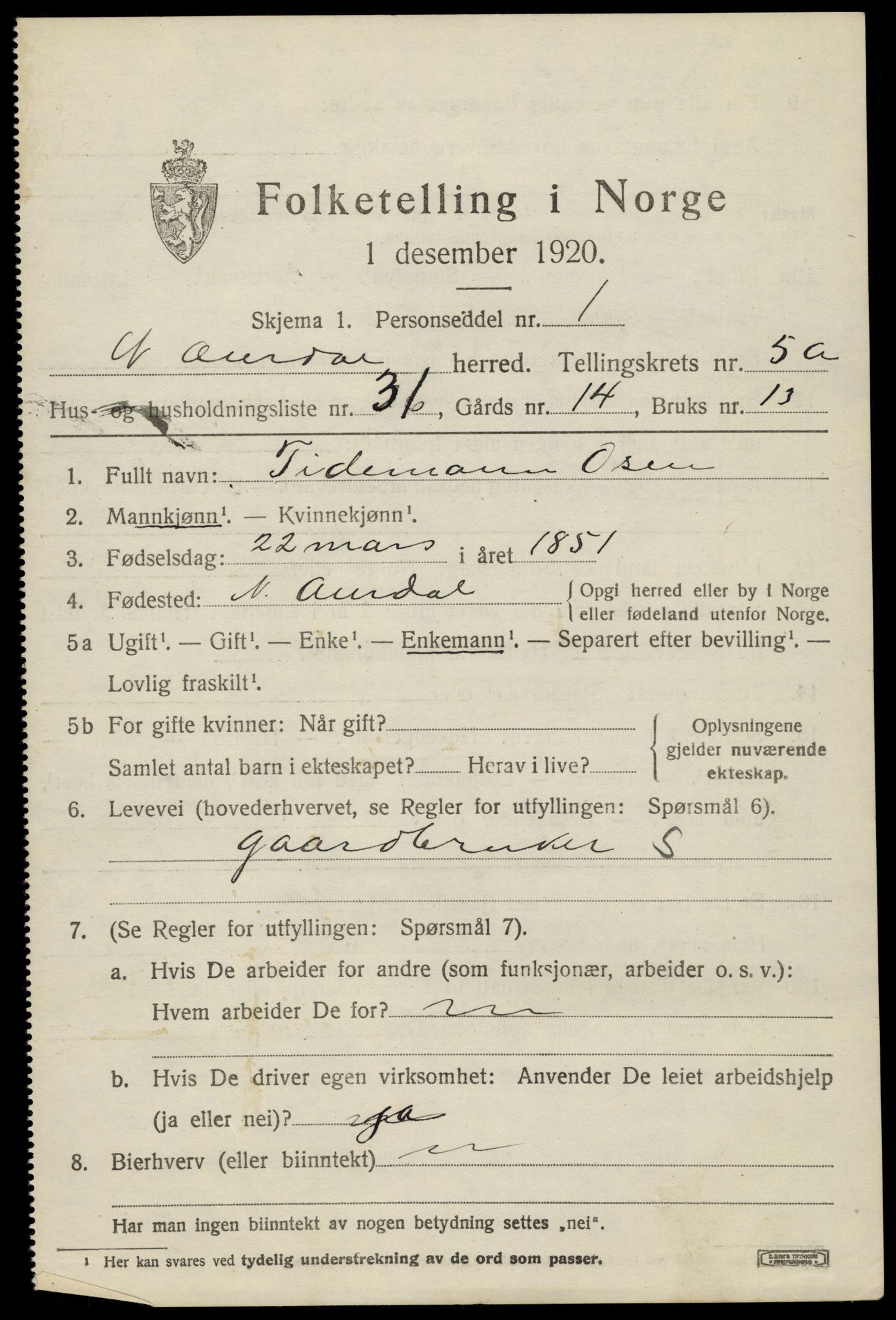 SAH, 1920 census for Nord-Aurdal, 1920, p. 5106