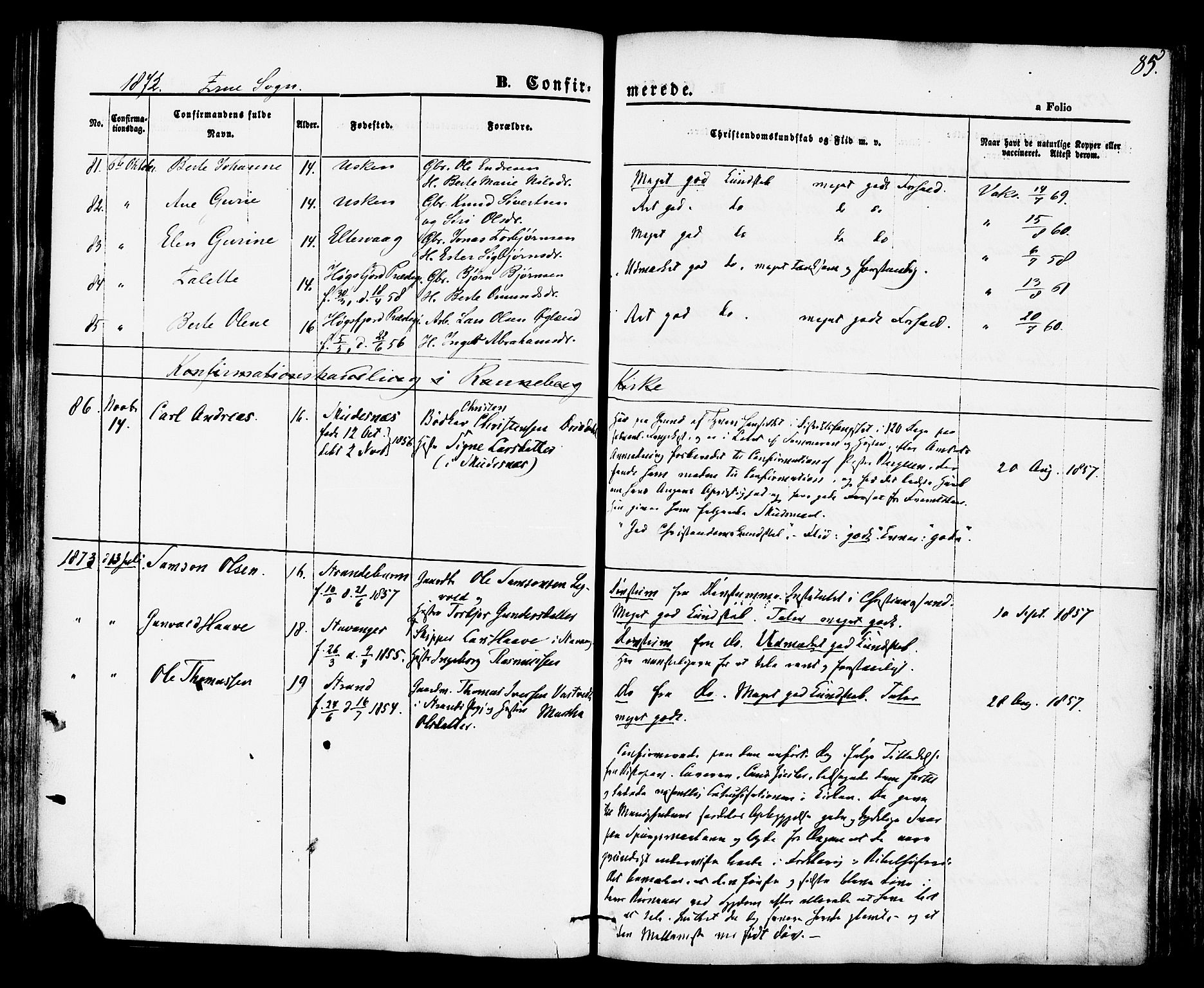 Hetland sokneprestkontor, AV/SAST-A-101826/30/30BA/L0004: Parish register (official) no. A 4, 1862-1881, p. 85