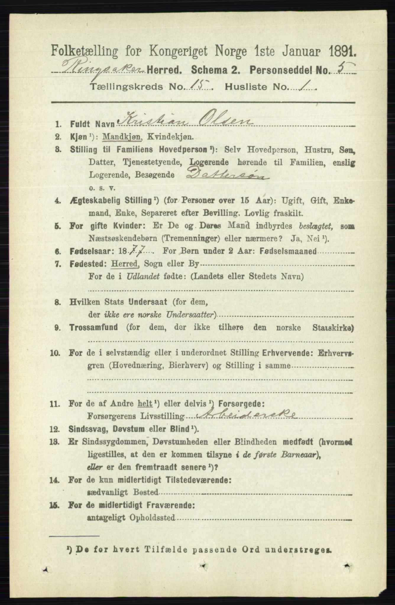 RA, 1891 census for 0412 Ringsaker, 1891, p. 8487