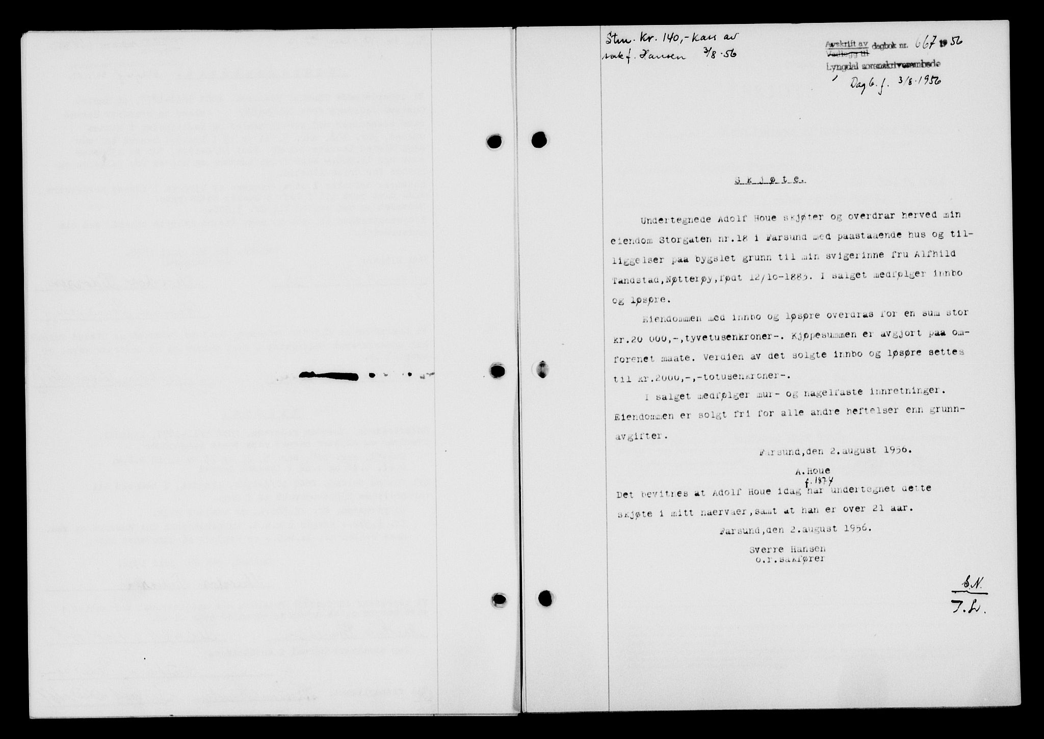 Lyngdal sorenskriveri, AV/SAK-1221-0004/G/Gb/L0675: Mortgage book no. A XXI, 1956-1956, Diary no: : 667/1956