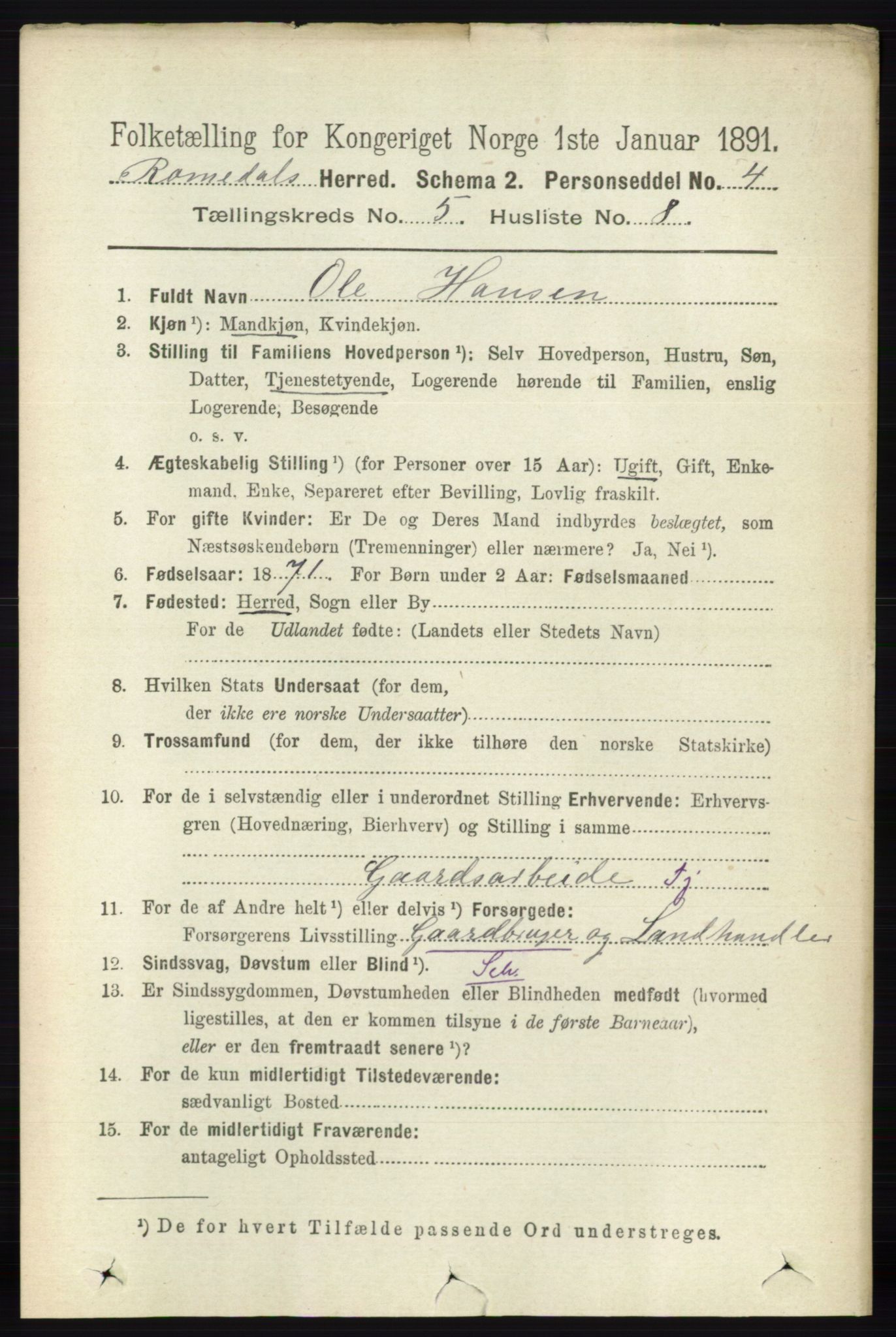RA, 1891 census for 0416 Romedal, 1891, p. 2503