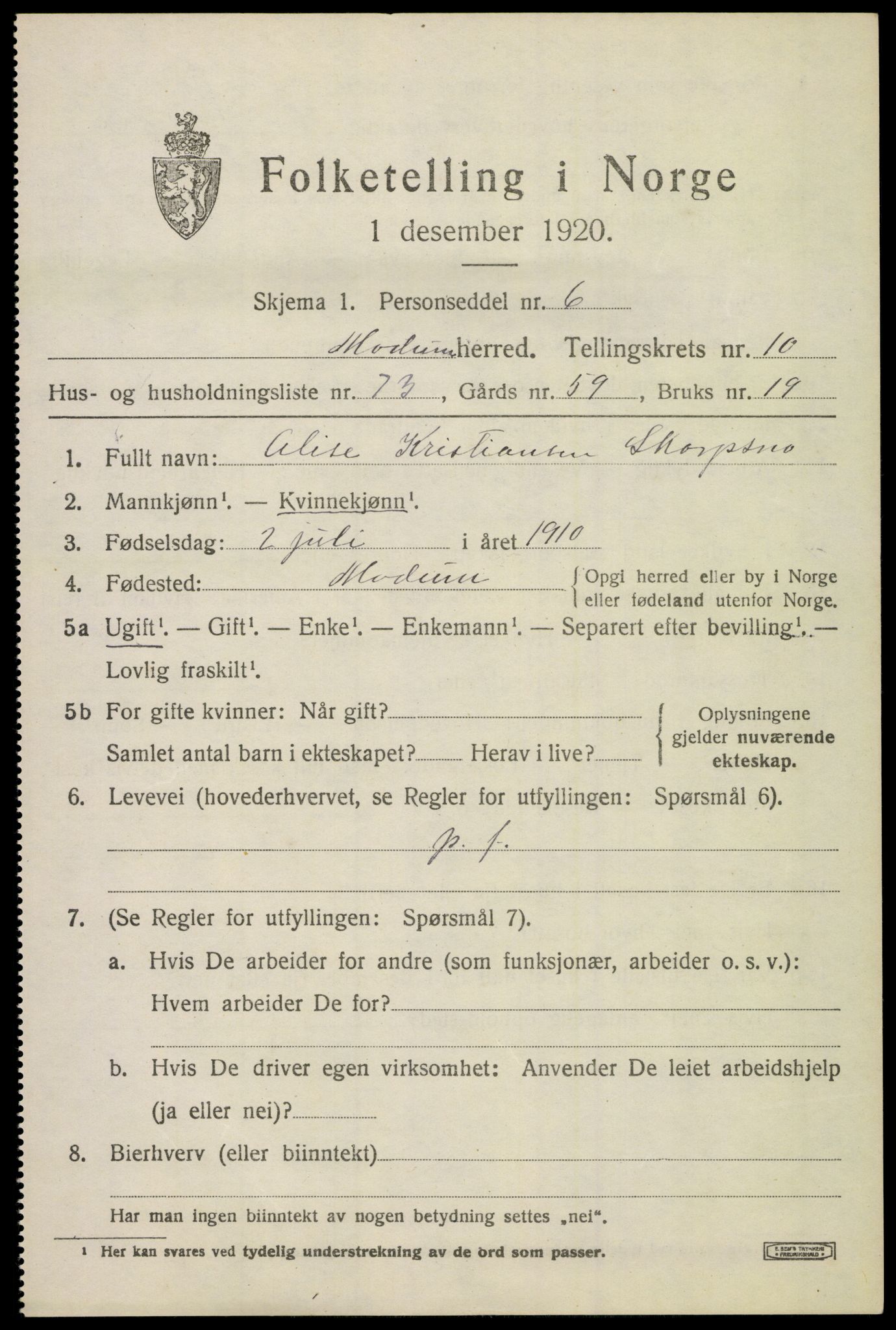 SAKO, 1920 census for Modum, 1920, p. 13735