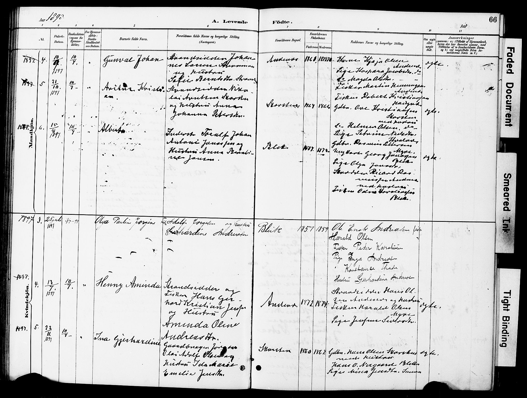 Ministerialprotokoller, klokkerbøker og fødselsregistre - Nordland, AV/SAT-A-1459/899/L1448: Parish register (copy) no. 899C03, 1887-1902, p. 66