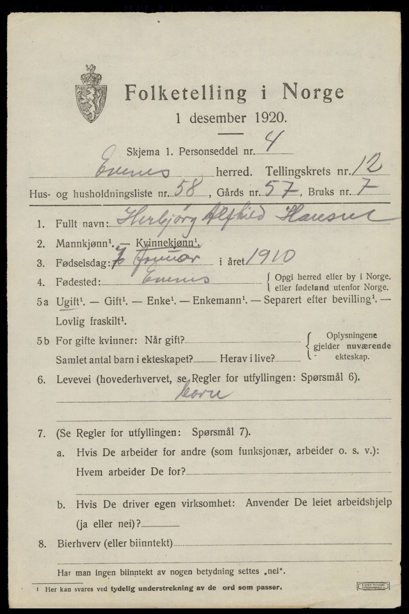 SAT, 1920 census for Evenes, 1920, p. 11818