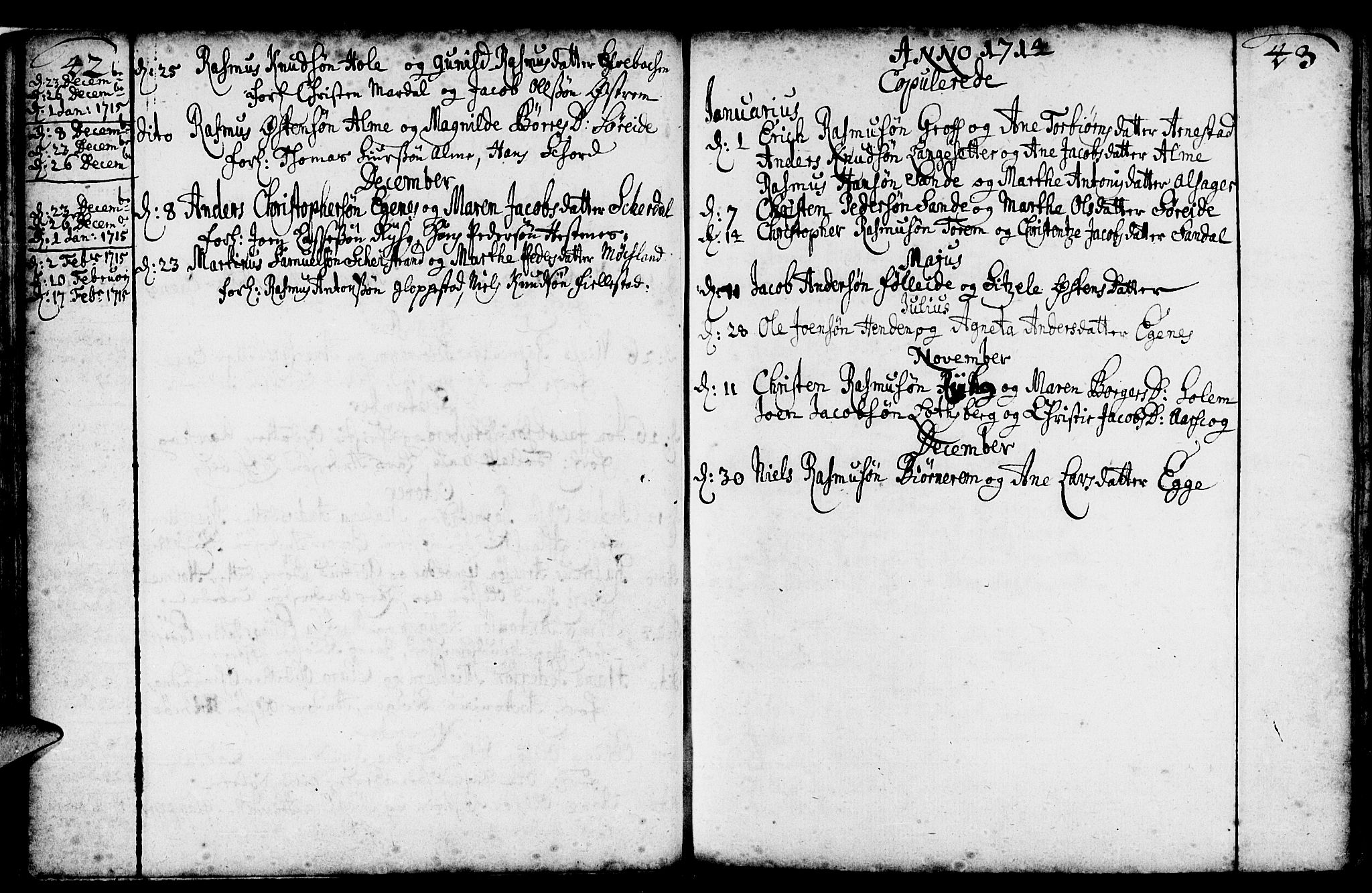 Gloppen sokneprestembete, SAB/A-80101/H/Haa/Haaa/L0002: Parish register (official) no. A 2, 1712-1735, p. 42-43