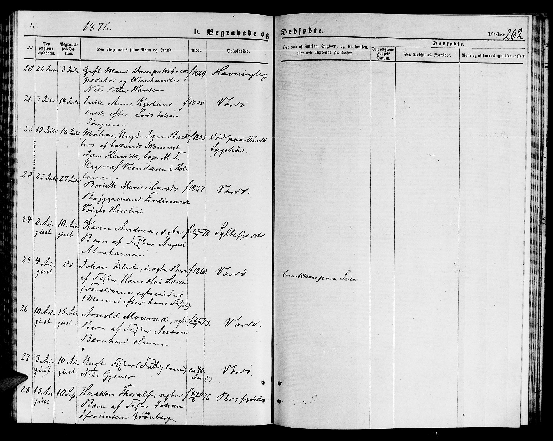 Vardø sokneprestkontor, AV/SATØ-S-1332/H/Hb/L0003klokker: Parish register (copy) no. 3, 1871-1878, p. 262