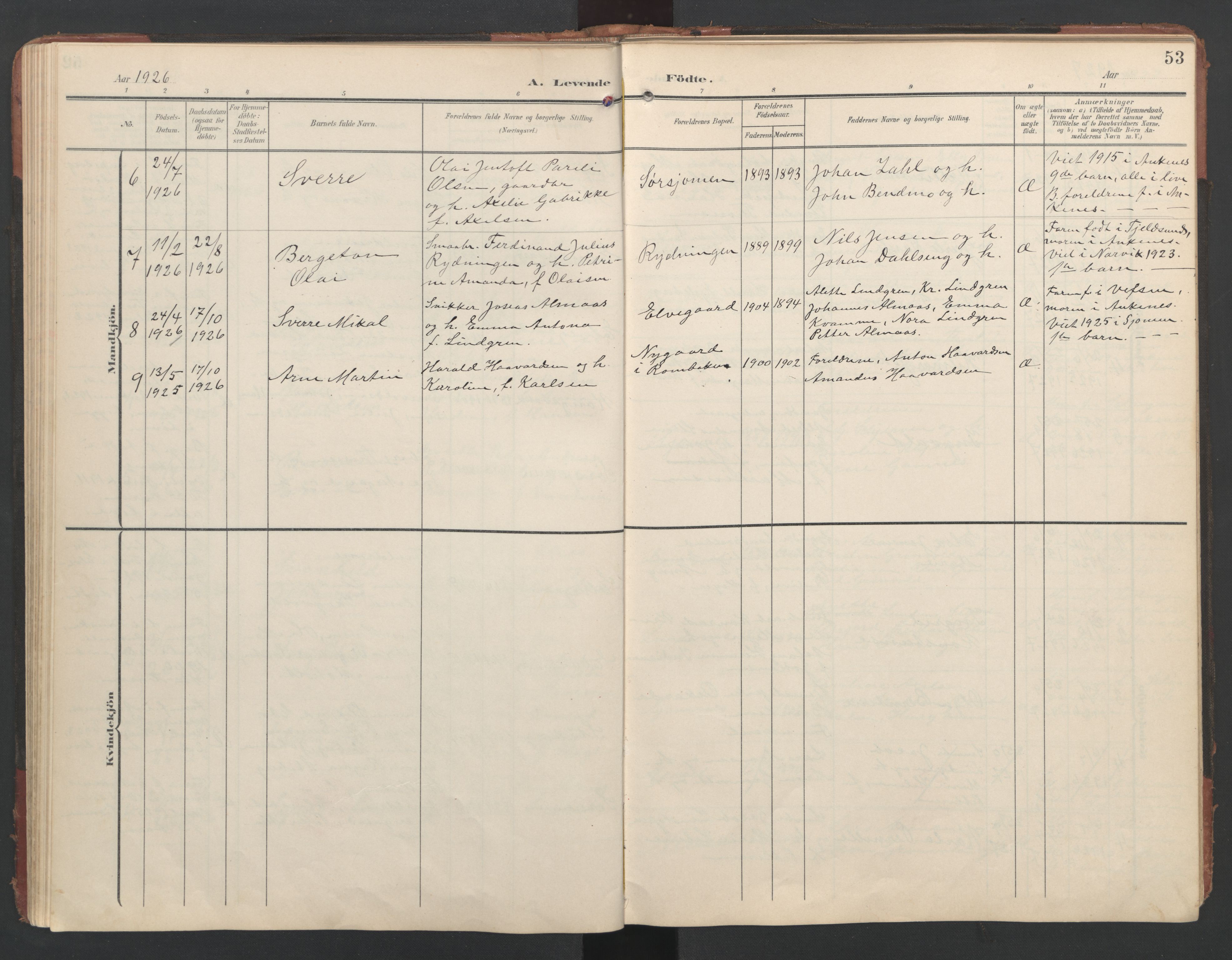 Ministerialprotokoller, klokkerbøker og fødselsregistre - Nordland, AV/SAT-A-1459/867/L0966: Parish register (copy) no. 867C01, 1904-1952, p. 53