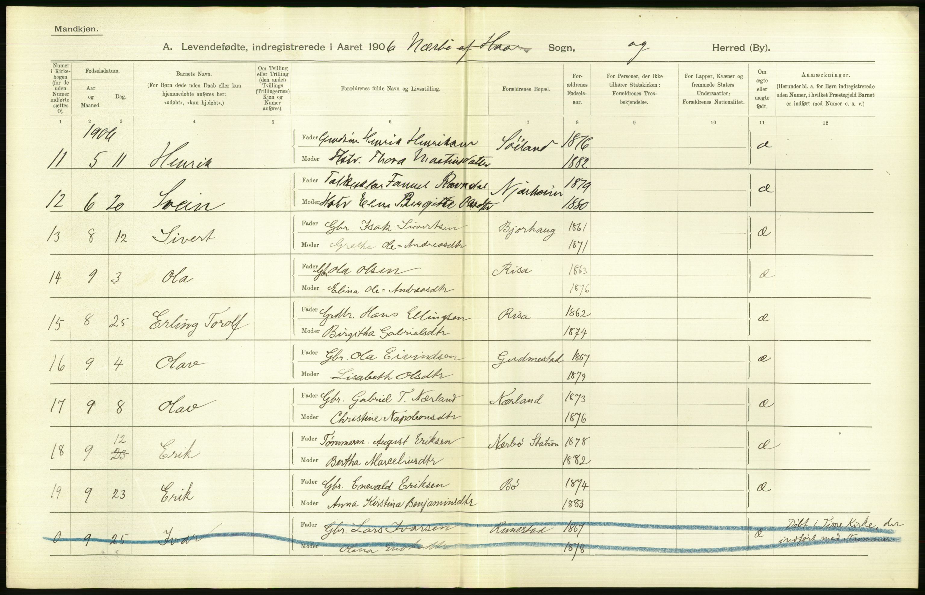 Statistisk sentralbyrå, Sosiodemografiske emner, Befolkning, AV/RA-S-2228/D/Df/Dfa/Dfad/L0025: Stavanger amt: Levendefødte menn og kvinner. Bygder., 1906, p. 28