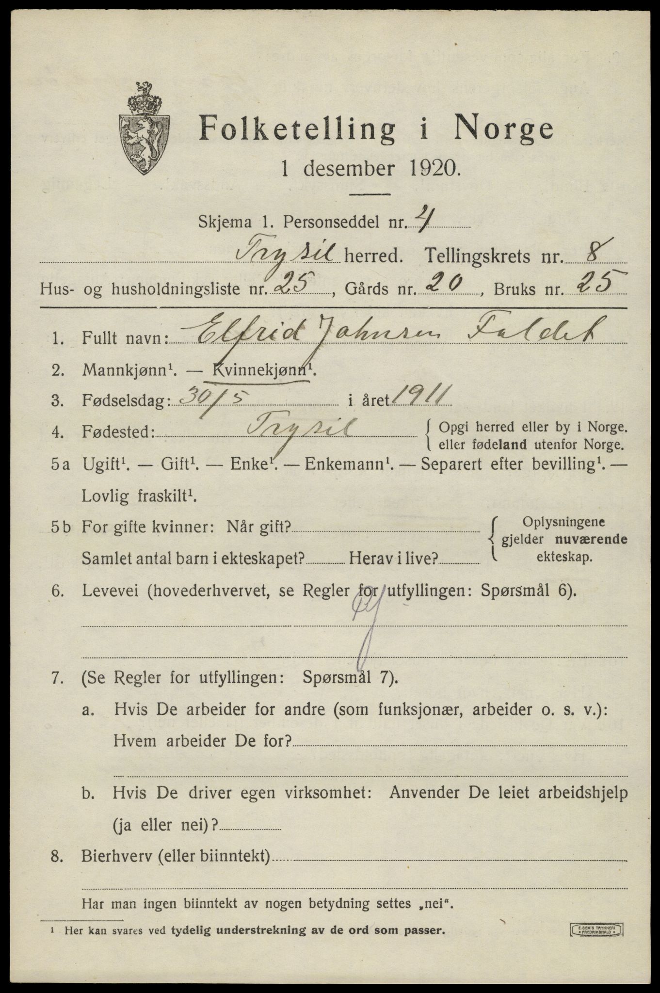 SAH, 1920 census for Trysil, 1920, p. 6535