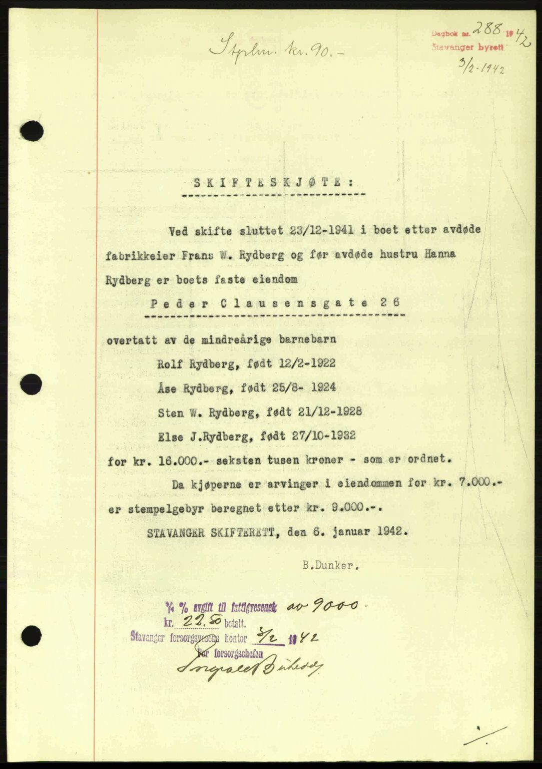 Stavanger byrett, SAST/A-100455/002/G/Gb/L0017: Mortgage book no. A7, 1941-1943, Diary no: : 288/1942