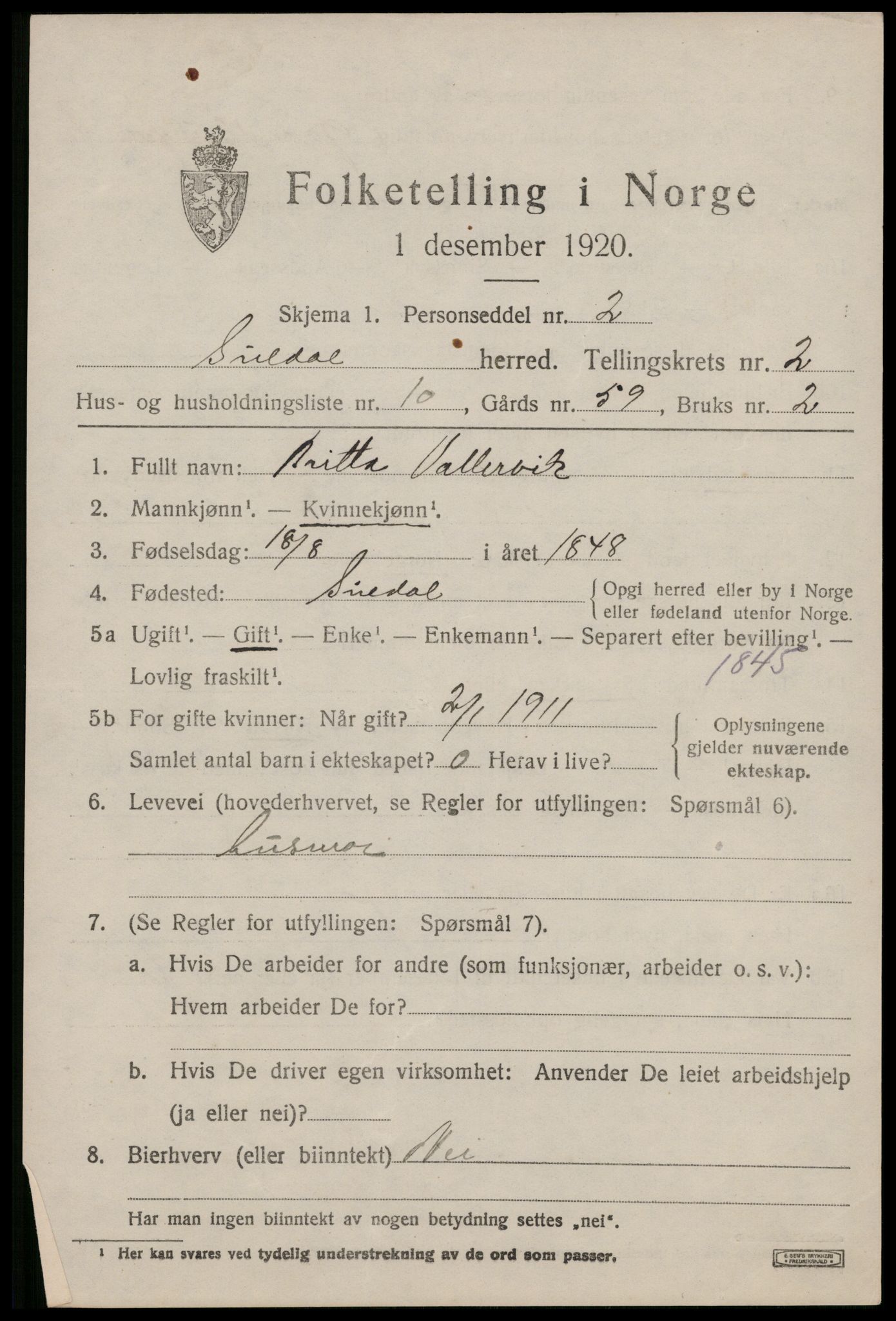 SAST, 1920 census for Suldal, 1920, p. 904