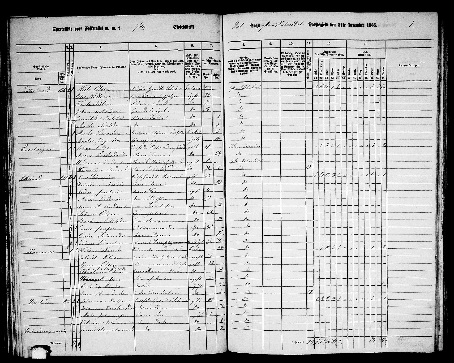 RA, 1865 census for Ytre Holmedal, 1865, p. 75