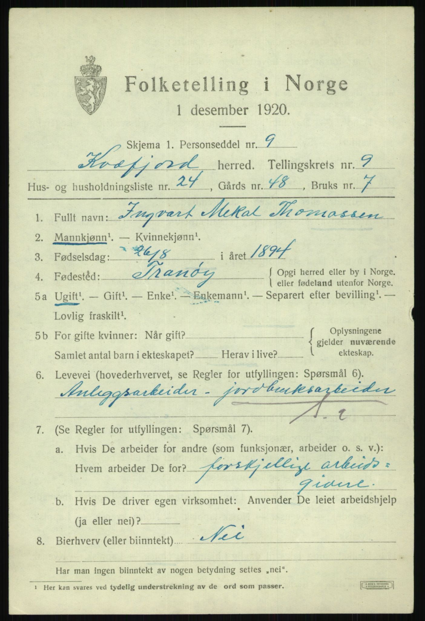 SATØ, 1920 census for Kvæfjord, 1920, p. 4511