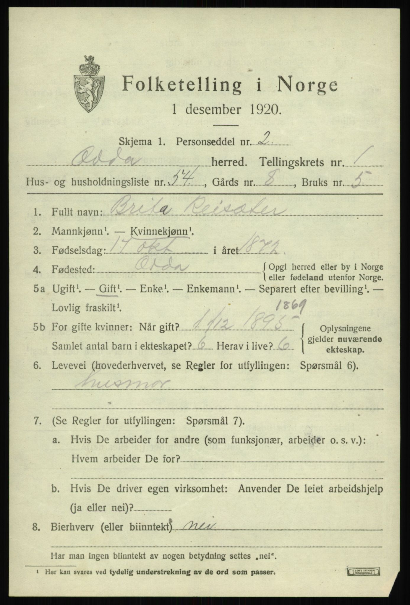 SAB, 1920 census for Odda, 1920, p. 1761