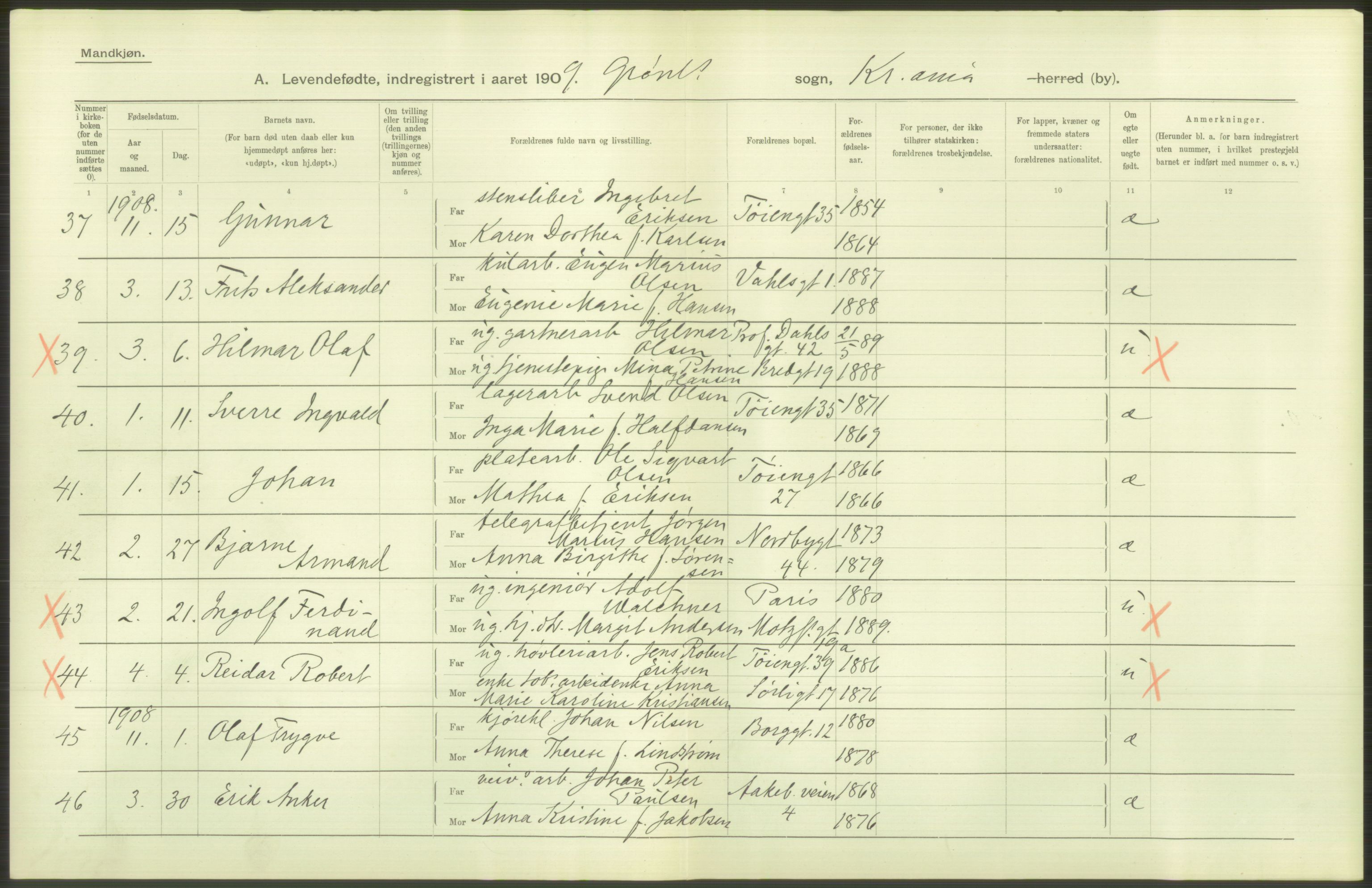 Statistisk sentralbyrå, Sosiodemografiske emner, Befolkning, AV/RA-S-2228/D/Df/Dfa/Dfag/L0007: Kristiania: Levendefødte menn og kvinner., 1909, p. 248