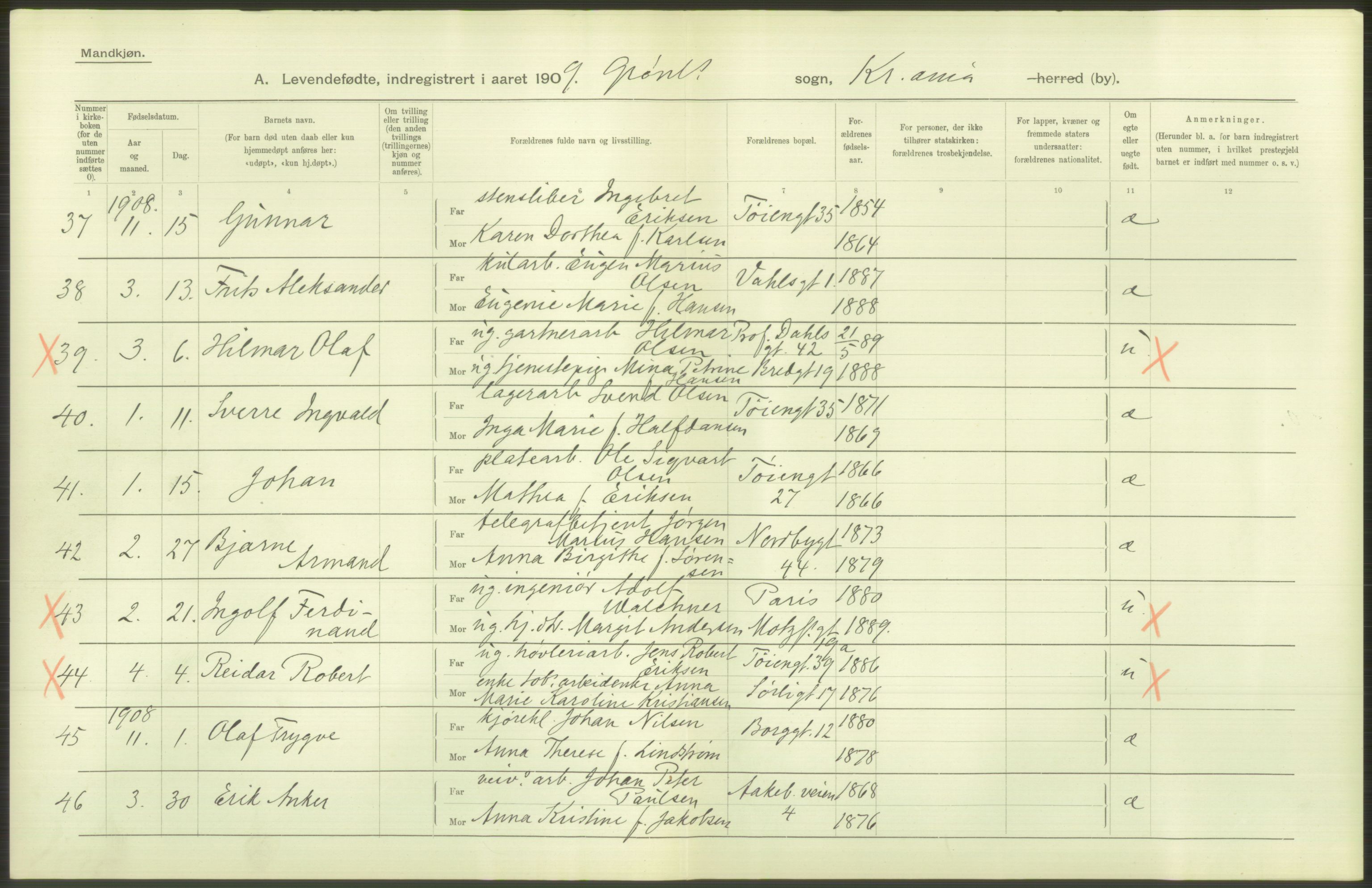 Statistisk sentralbyrå, Sosiodemografiske emner, Befolkning, RA/S-2228/D/Df/Dfa/Dfag/L0007: Kristiania: Levendefødte menn og kvinner., 1909, p. 248