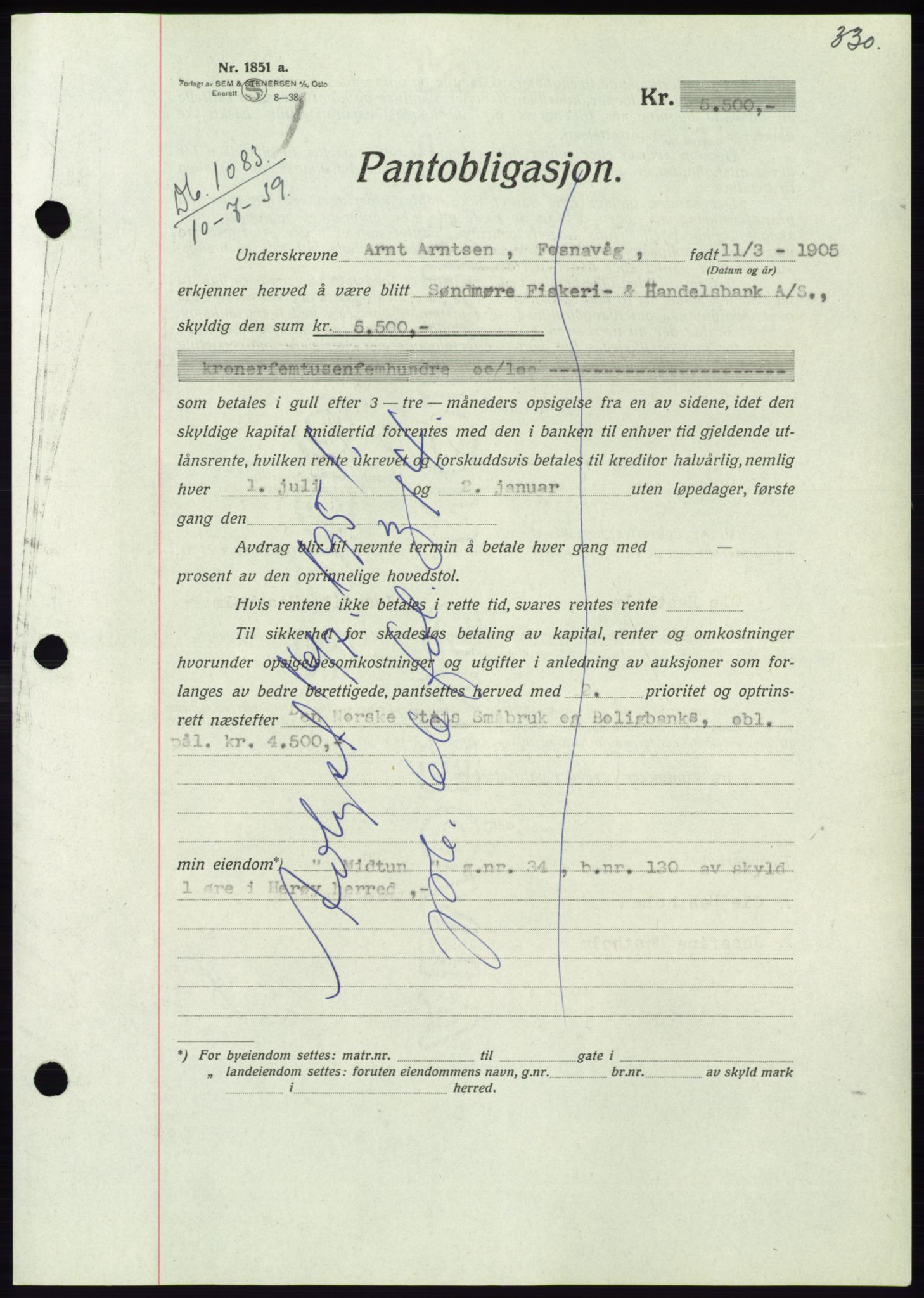 Søre Sunnmøre sorenskriveri, AV/SAT-A-4122/1/2/2C/L0068: Mortgage book no. 62, 1939-1939, Diary no: : 1083/1939