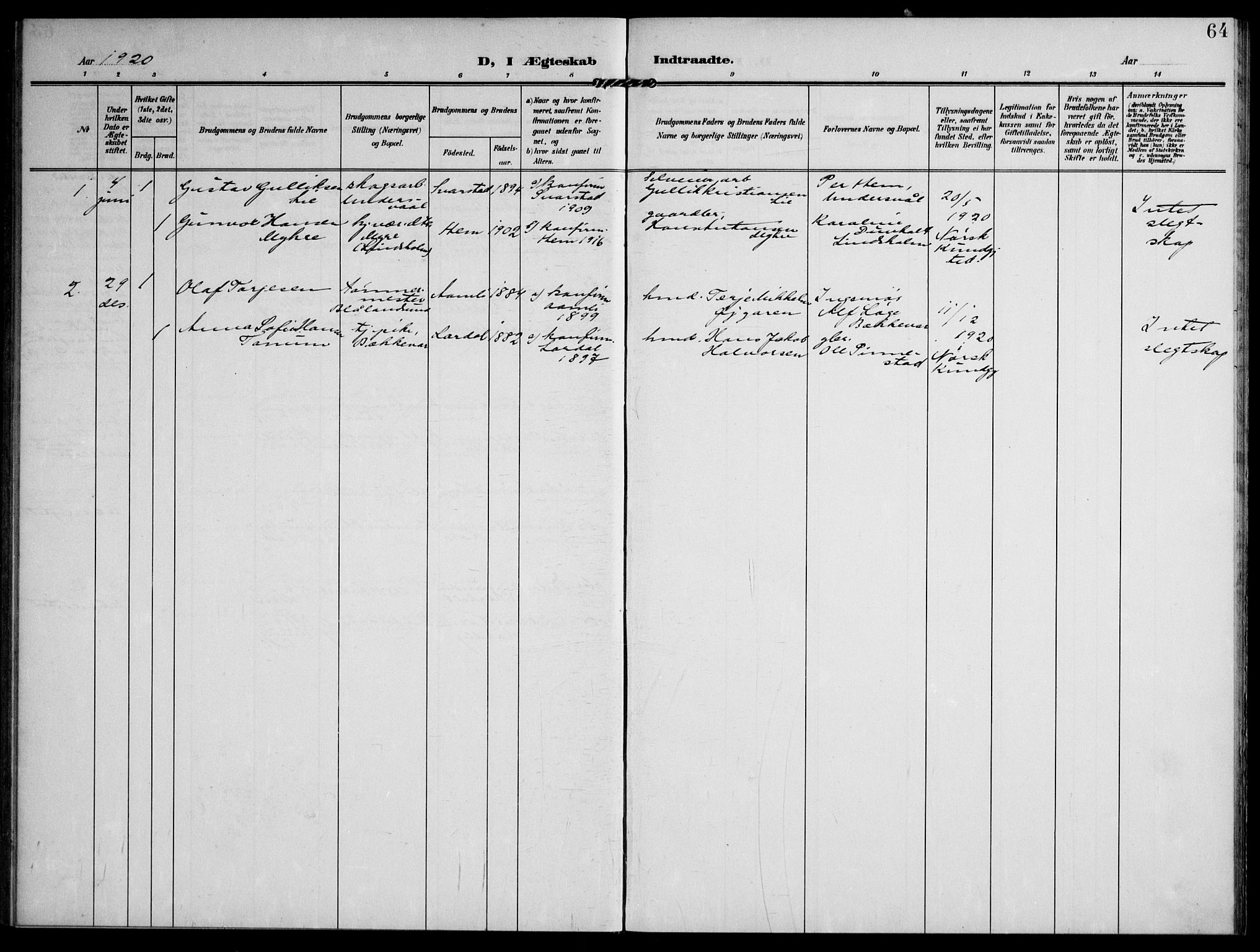 Lardal kirkebøker, SAKO/A-350/F/Fc/L0002: Parish register (official) no. III 2, 1907-1921, p. 64