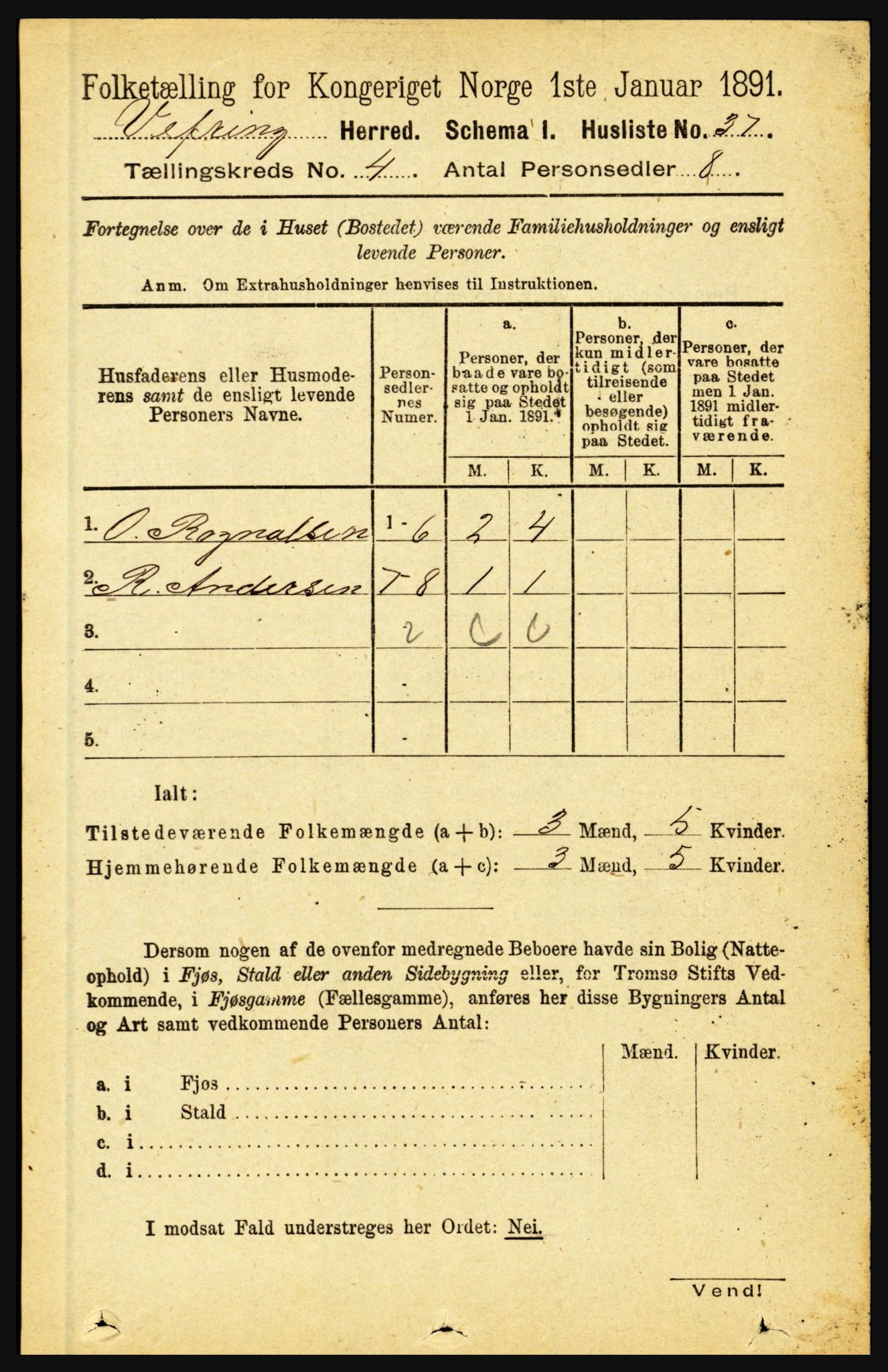 RA, 1891 census for 1434 Vevring, 1891, p. 1185