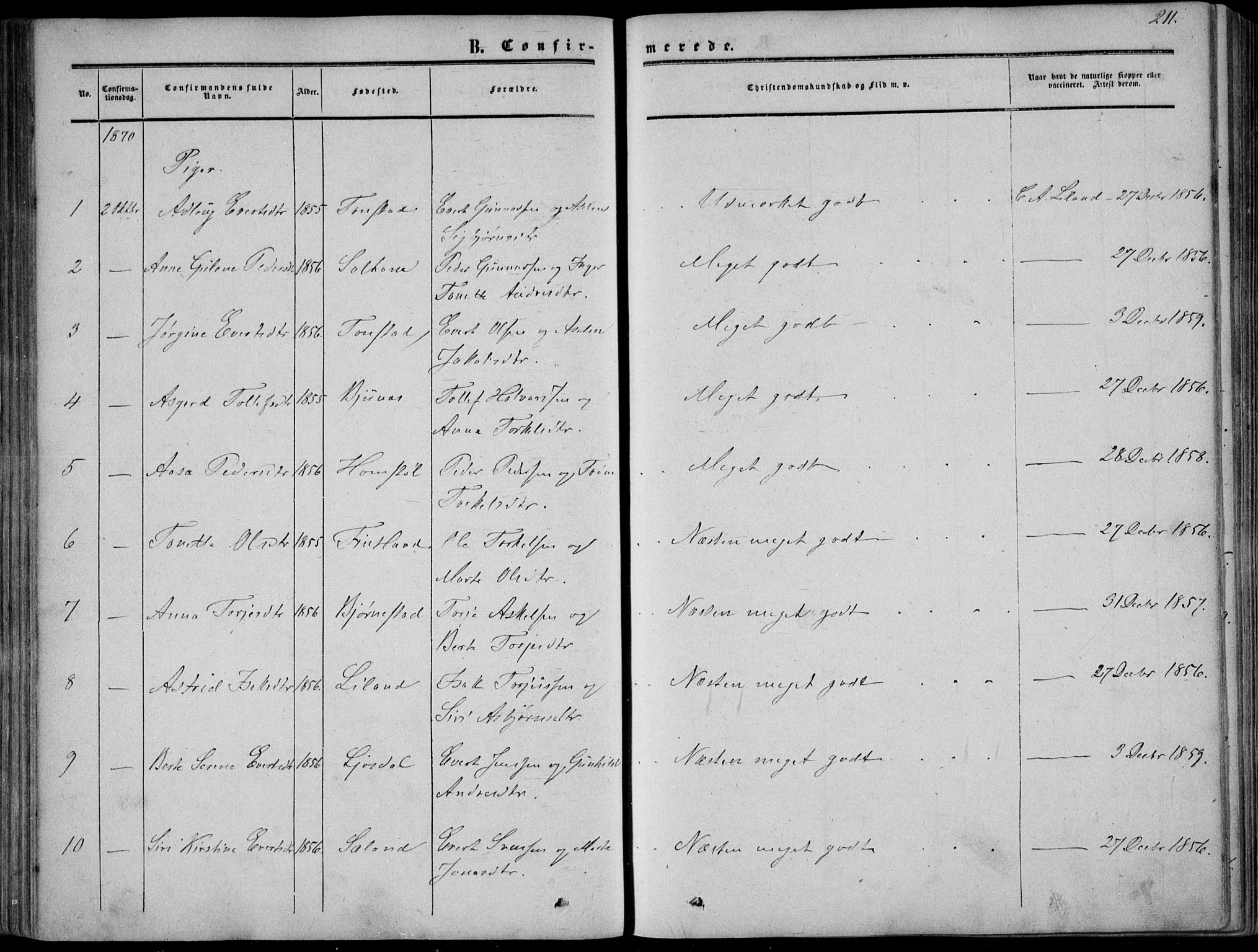 Sirdal sokneprestkontor, SAK/1111-0036/F/Fa/Fab/L0002: Parish register (official) no. A 2, 1855-1874, p. 211