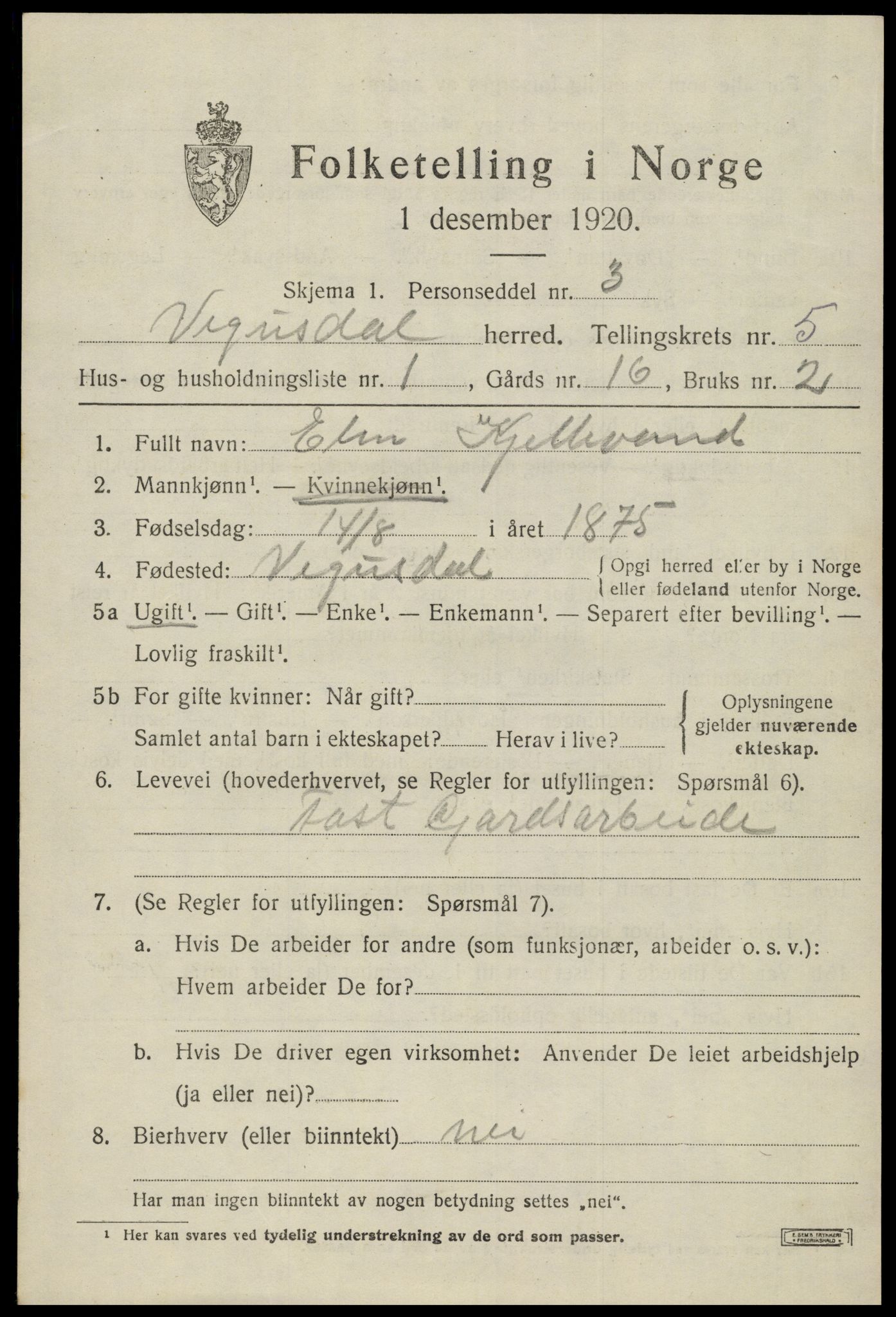 SAK, 1920 census for Vegusdal, 1920, p. 1277