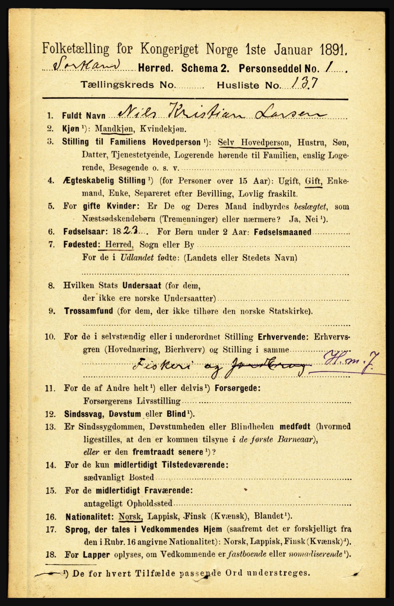 RA, 1891 census for 1870 Sortland, 1891, p. 2033