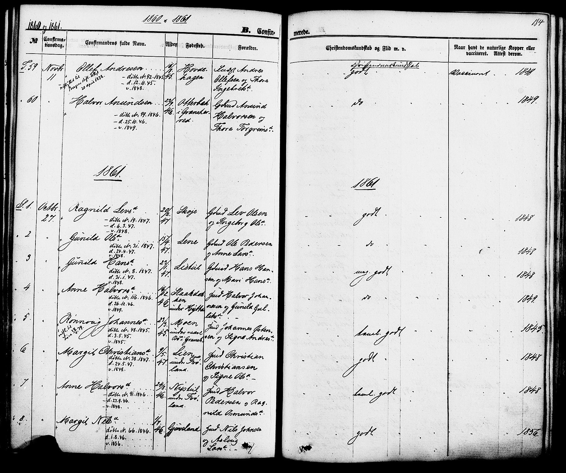 Hjartdal kirkebøker, AV/SAKO-A-270/F/Fa/L0009: Parish register (official) no. I 9, 1860-1879, p. 184