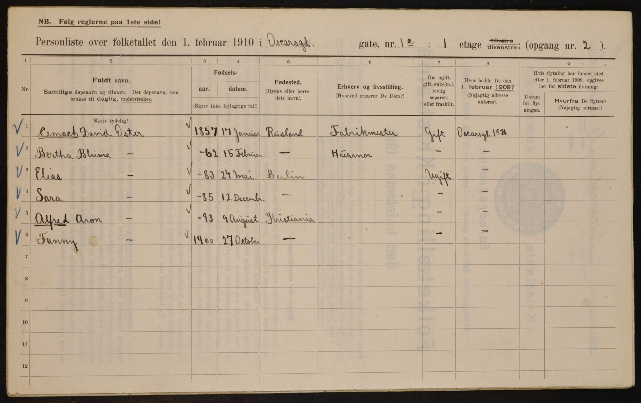 OBA, Municipal Census 1910 for Kristiania, 1910, p. 73294