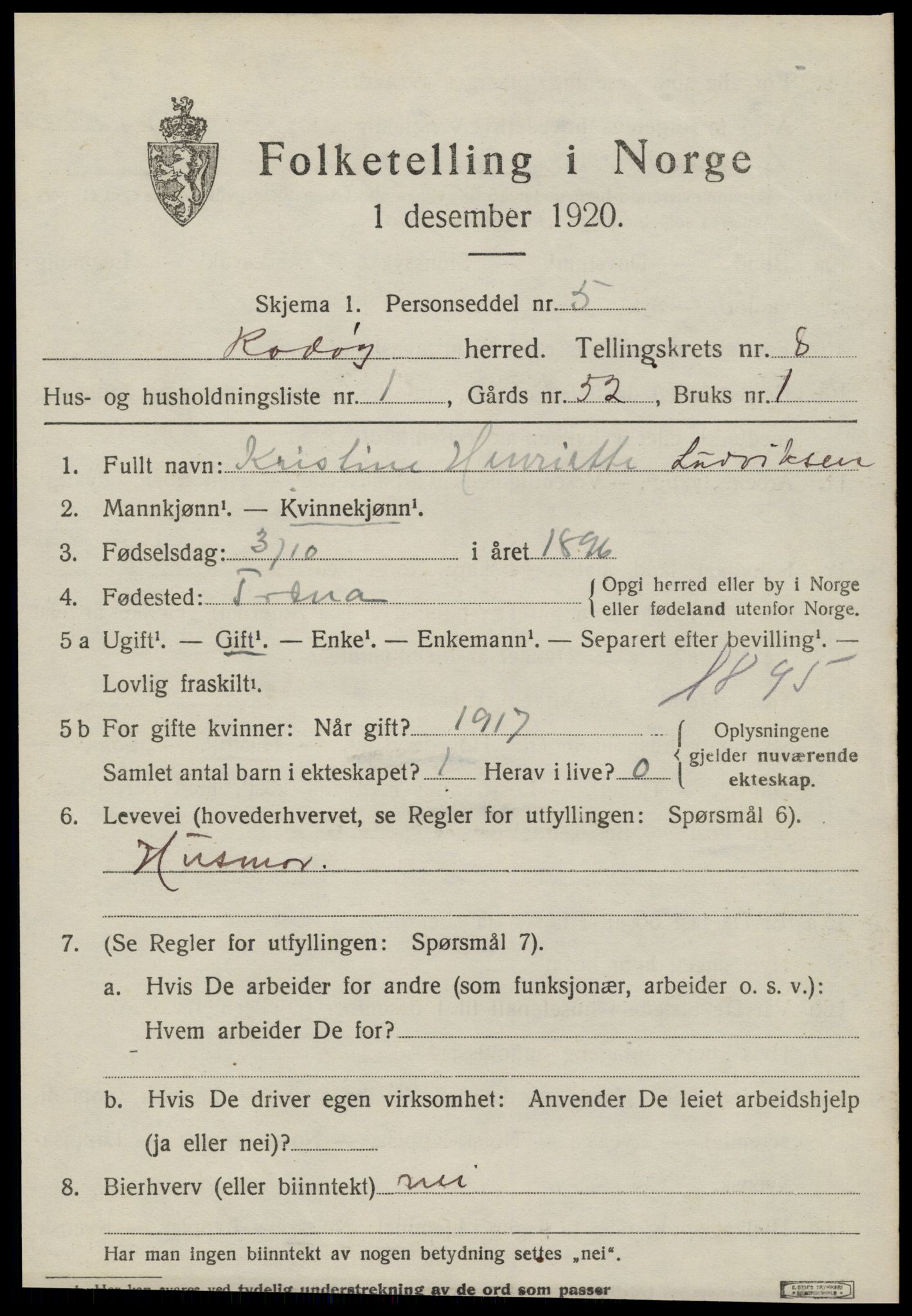 SAT, 1920 census for Rødøy, 1920, p. 4212