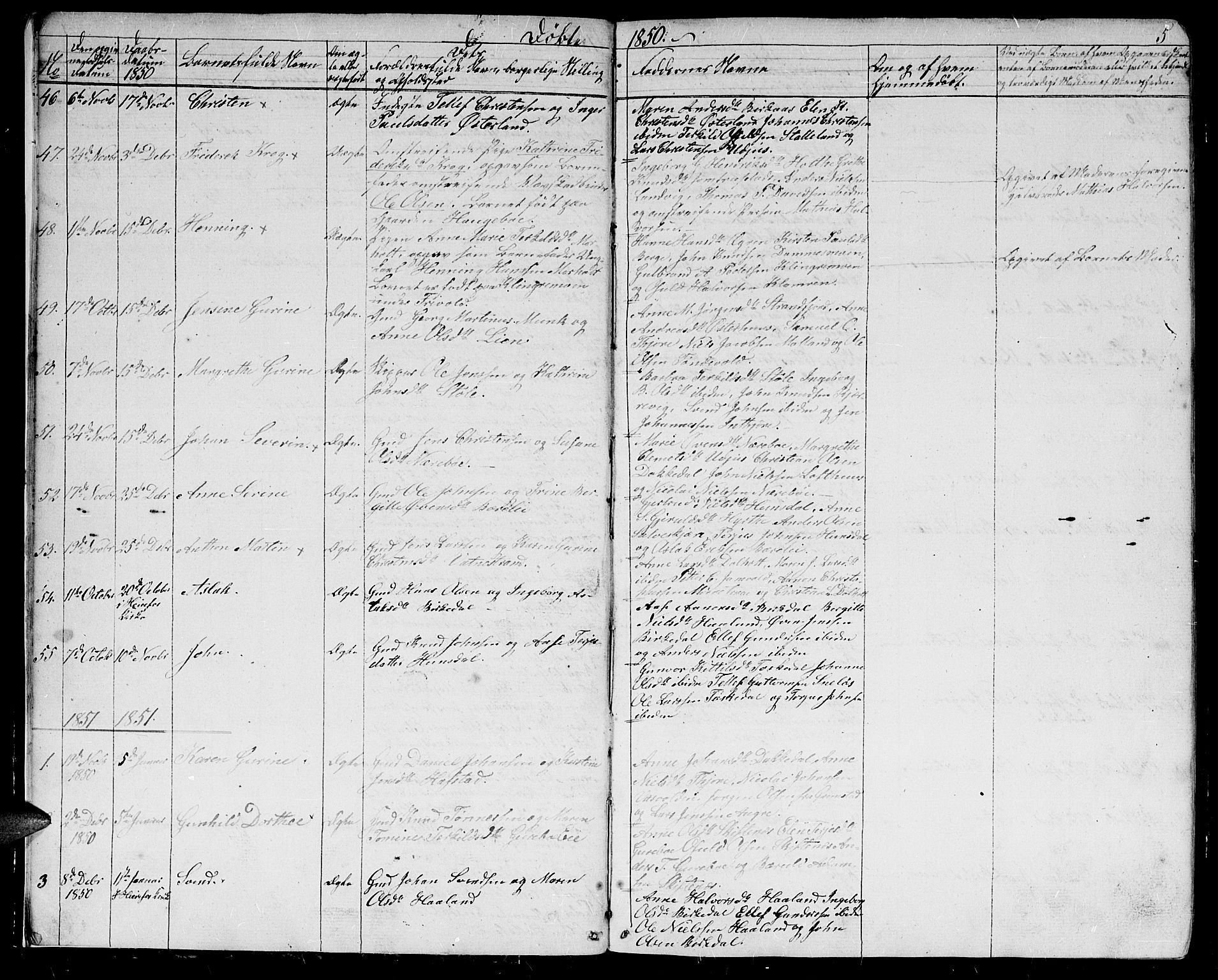 Hommedal sokneprestkontor, SAK/1111-0023/F/Fb/Fbb/L0005: Parish register (copy) no. B 5, 1850-1869, p. 5