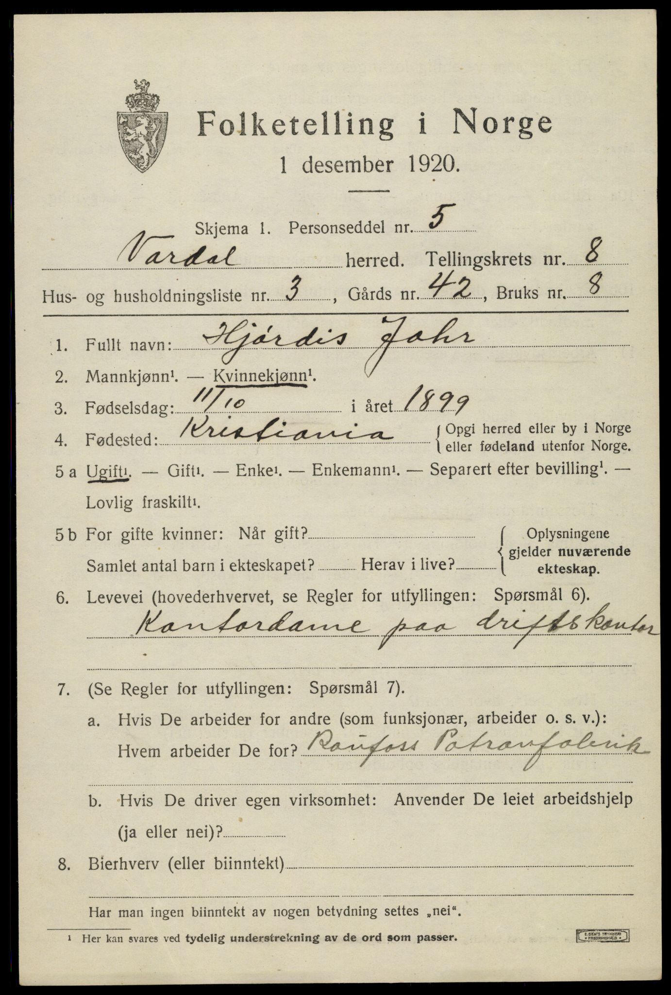 SAH, 1920 census for Vardal, 1920, p. 5745