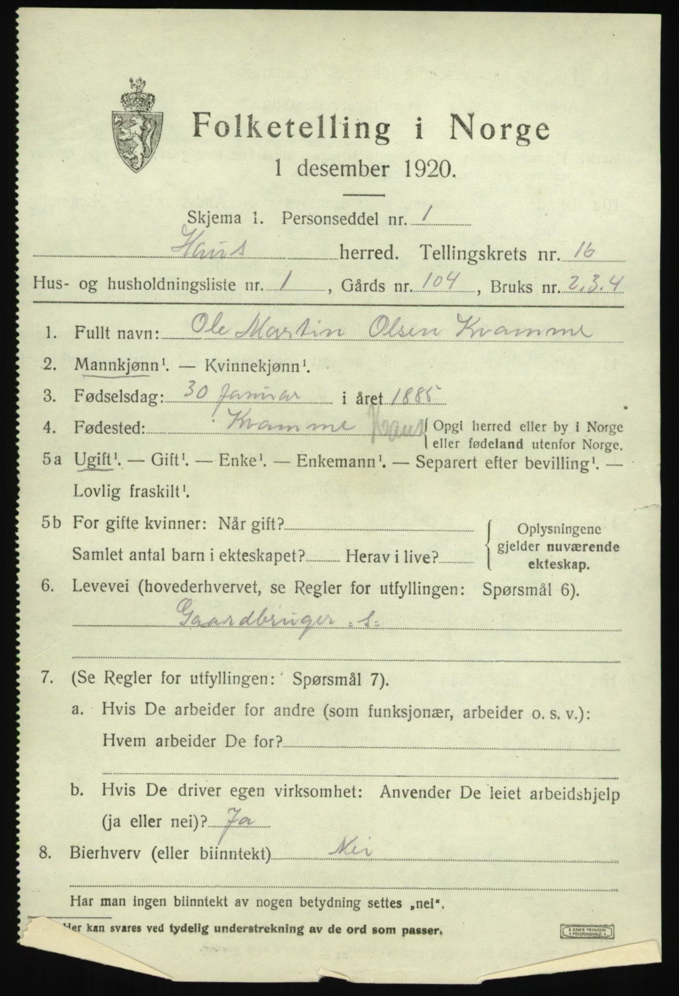 SAB, 1920 census for Haus, 1920, p. 10374