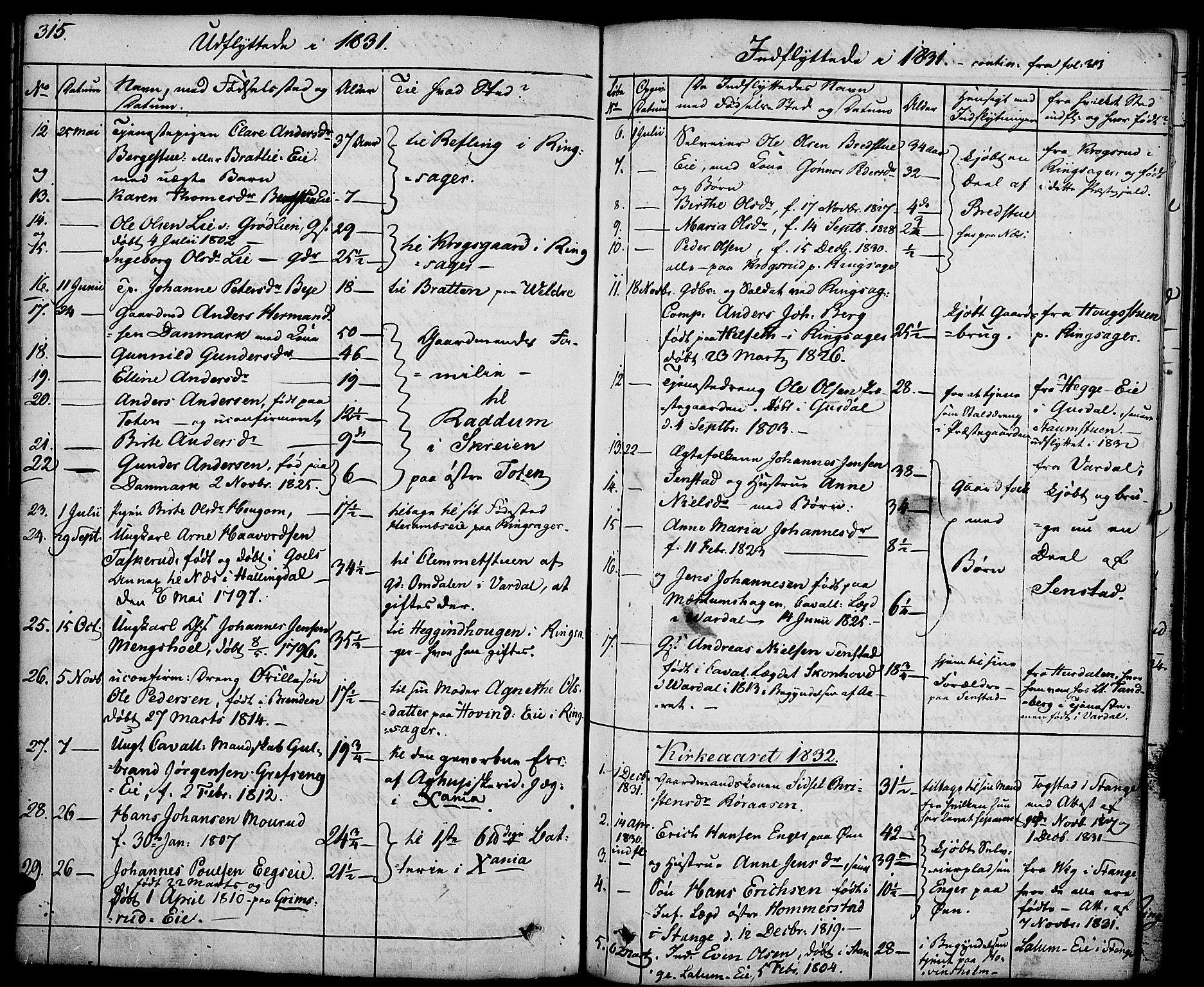 Nes prestekontor, Hedmark, SAH/PREST-020/K/Ka/L0003: Parish register (official) no. 3, 1827-1851, p. 315
