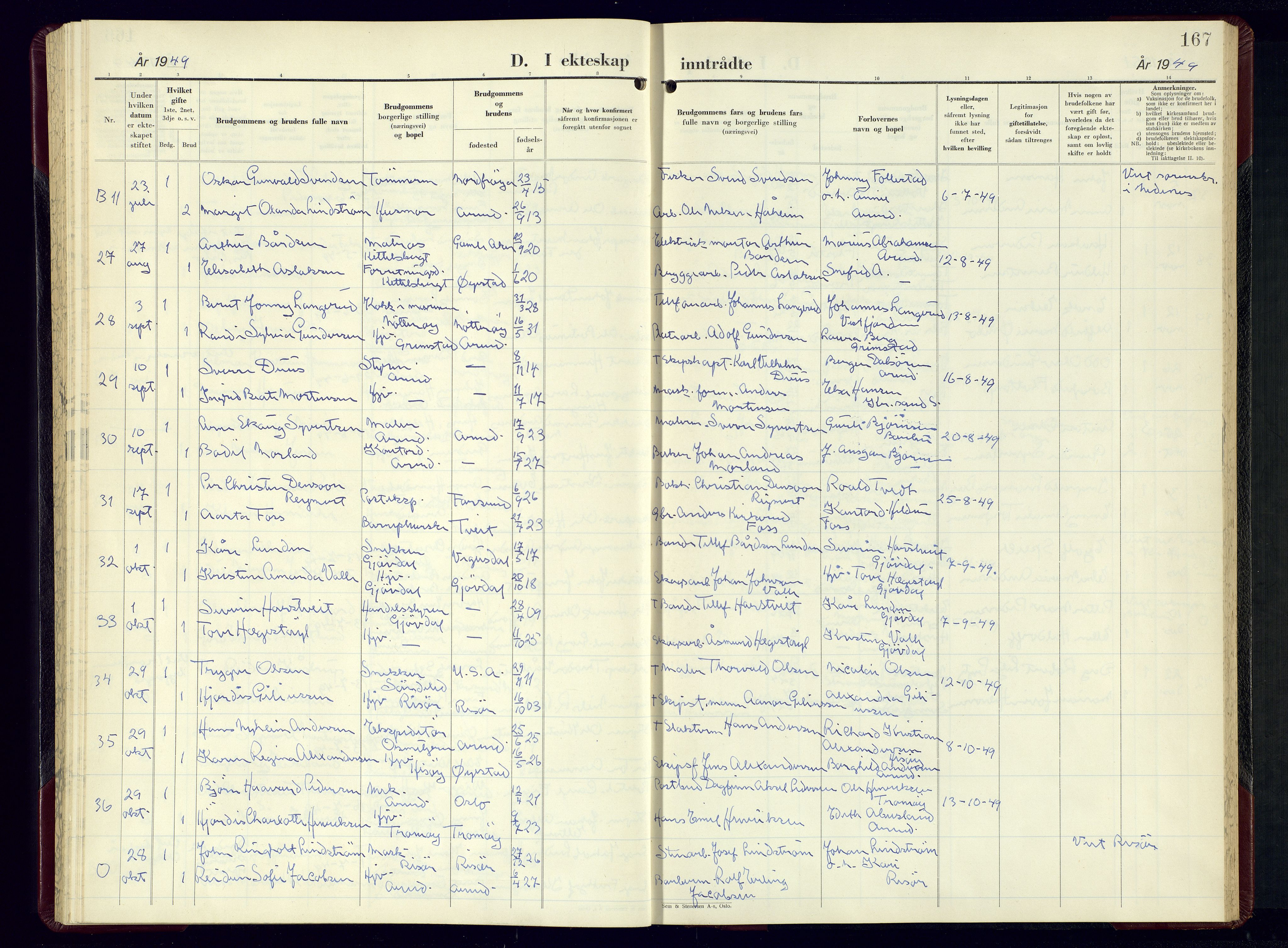 Arendal sokneprestkontor, Trefoldighet, AV/SAK-1111-0040/F/Fb/L0010: Parish register (copy) no. B-10, 1949-1960, p. 167