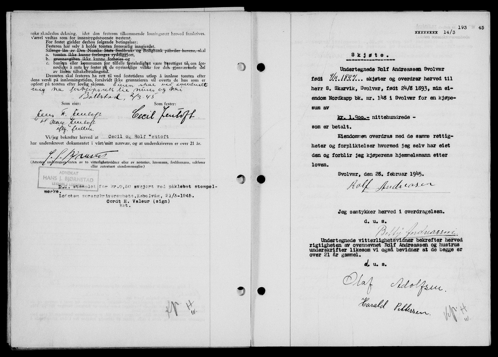 Lofoten sorenskriveri, SAT/A-0017/1/2/2C/L0013a: Mortgage book no. 13a, 1944-1946, Diary no: : 193/1945