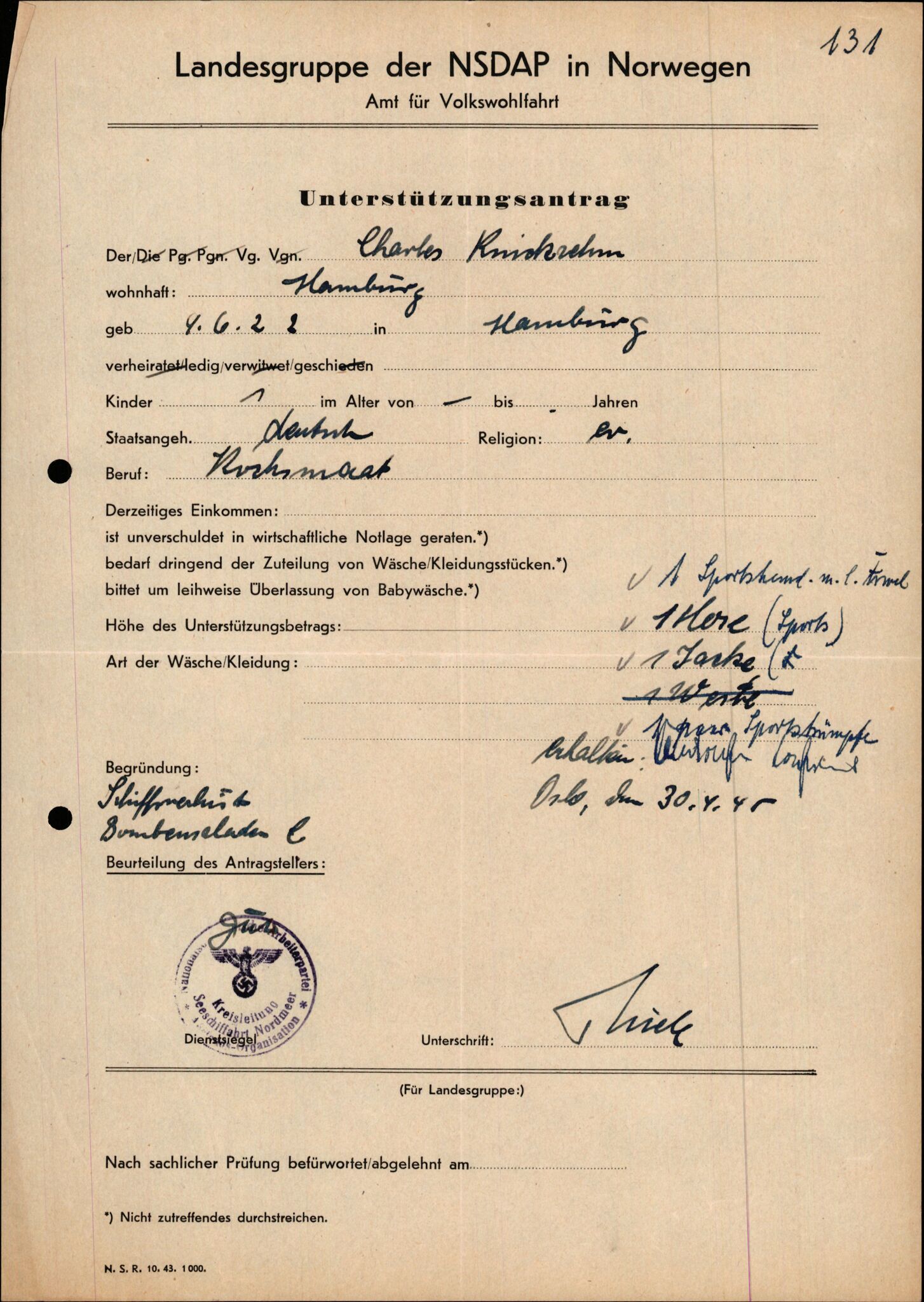 Forsvarets Overkommando. 2 kontor. Arkiv 11.4. Spredte tyske arkivsaker, AV/RA-RAFA-7031/D/Dar/Darb/L0015: Reichskommissariat - NSDAP in Norwegen, 1938-1945, p. 699