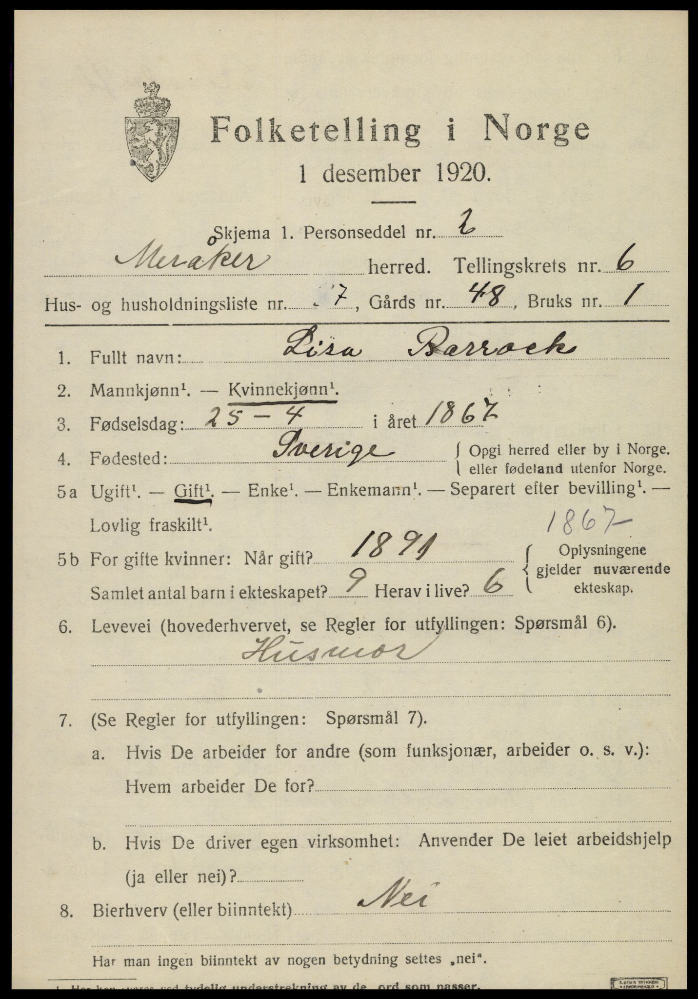 SAT, 1920 census for Meråker, 1920, p. 4610