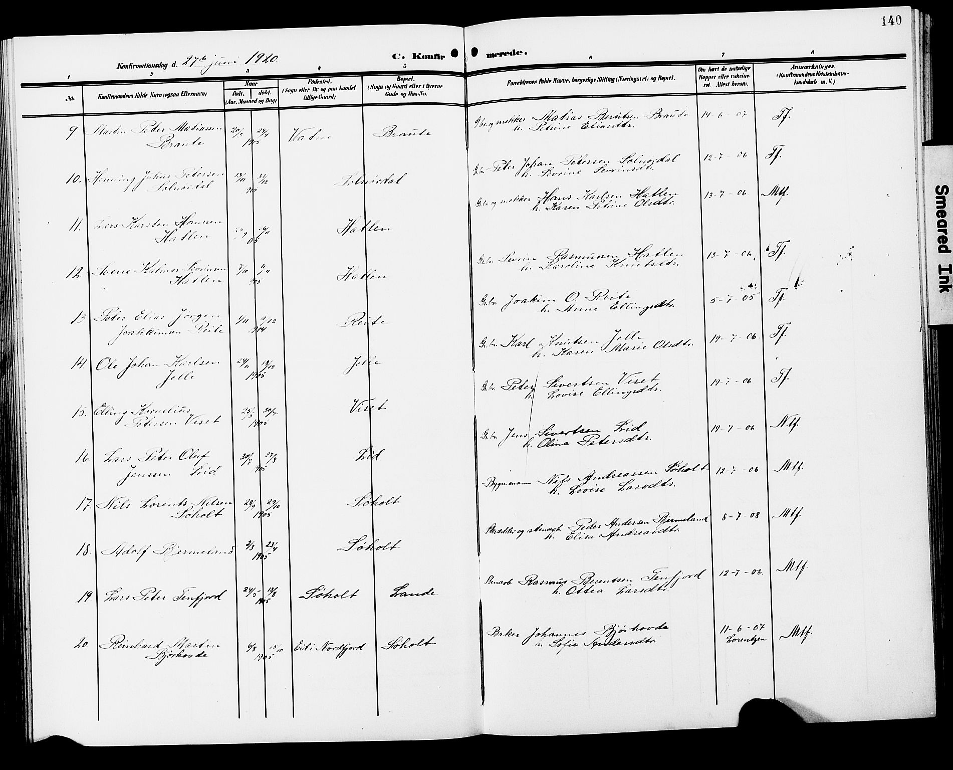 Ministerialprotokoller, klokkerbøker og fødselsregistre - Møre og Romsdal, AV/SAT-A-1454/522/L0328: Parish register (copy) no. 522C07, 1909-1925, p. 140