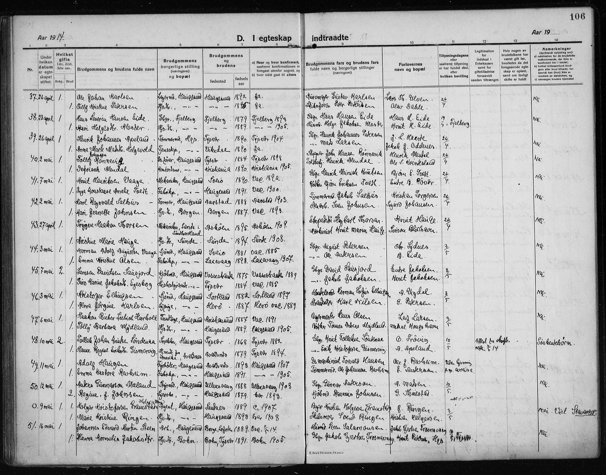 Haugesund sokneprestkontor, AV/SAST-A -101863/H/Ha/Haa/L0009: Parish register (official) no. A 9, 1914-1929, p. 106