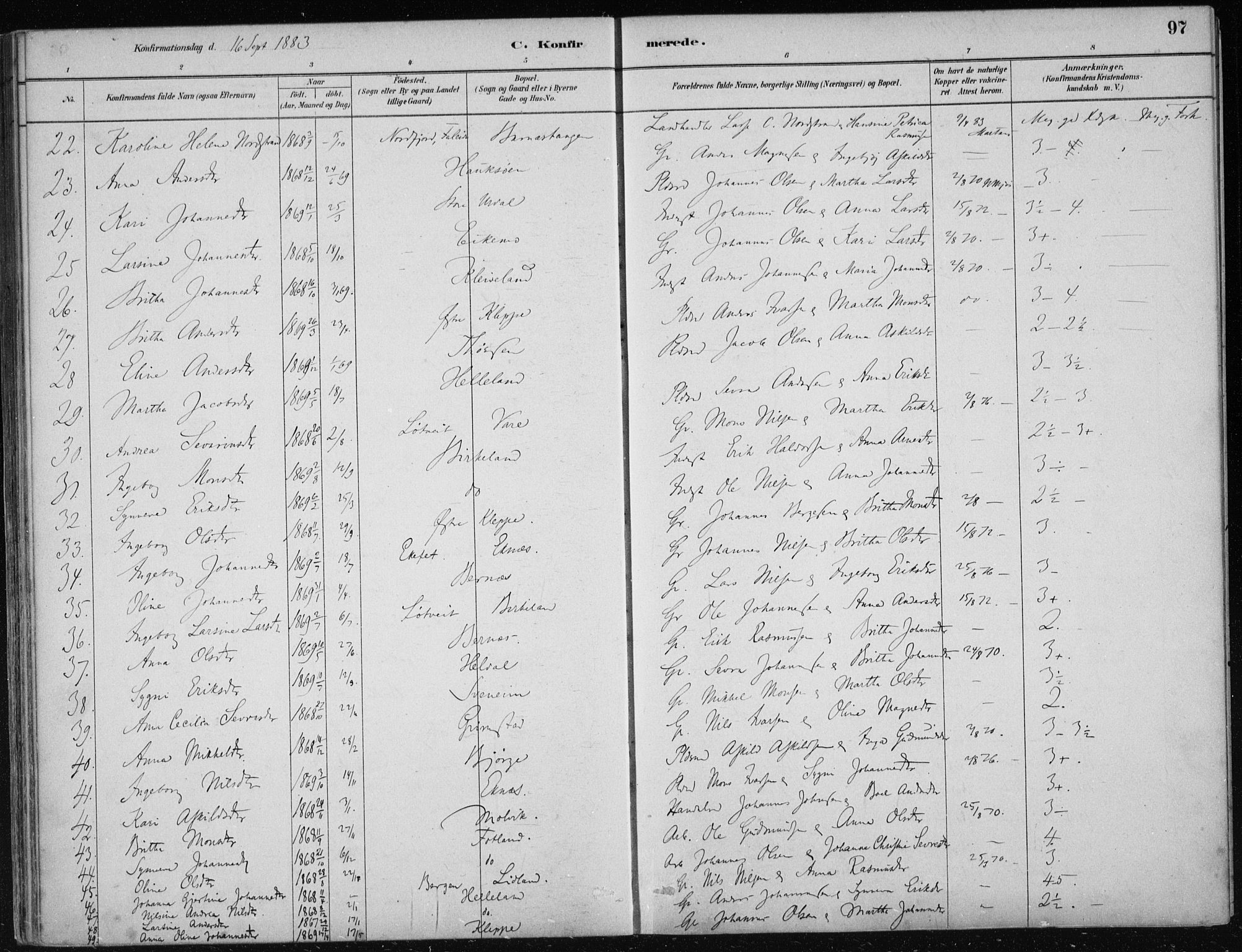 Hosanger sokneprestembete, AV/SAB-A-75801/H/Haa: Parish register (official) no. B  1, 1880-1896, p. 97