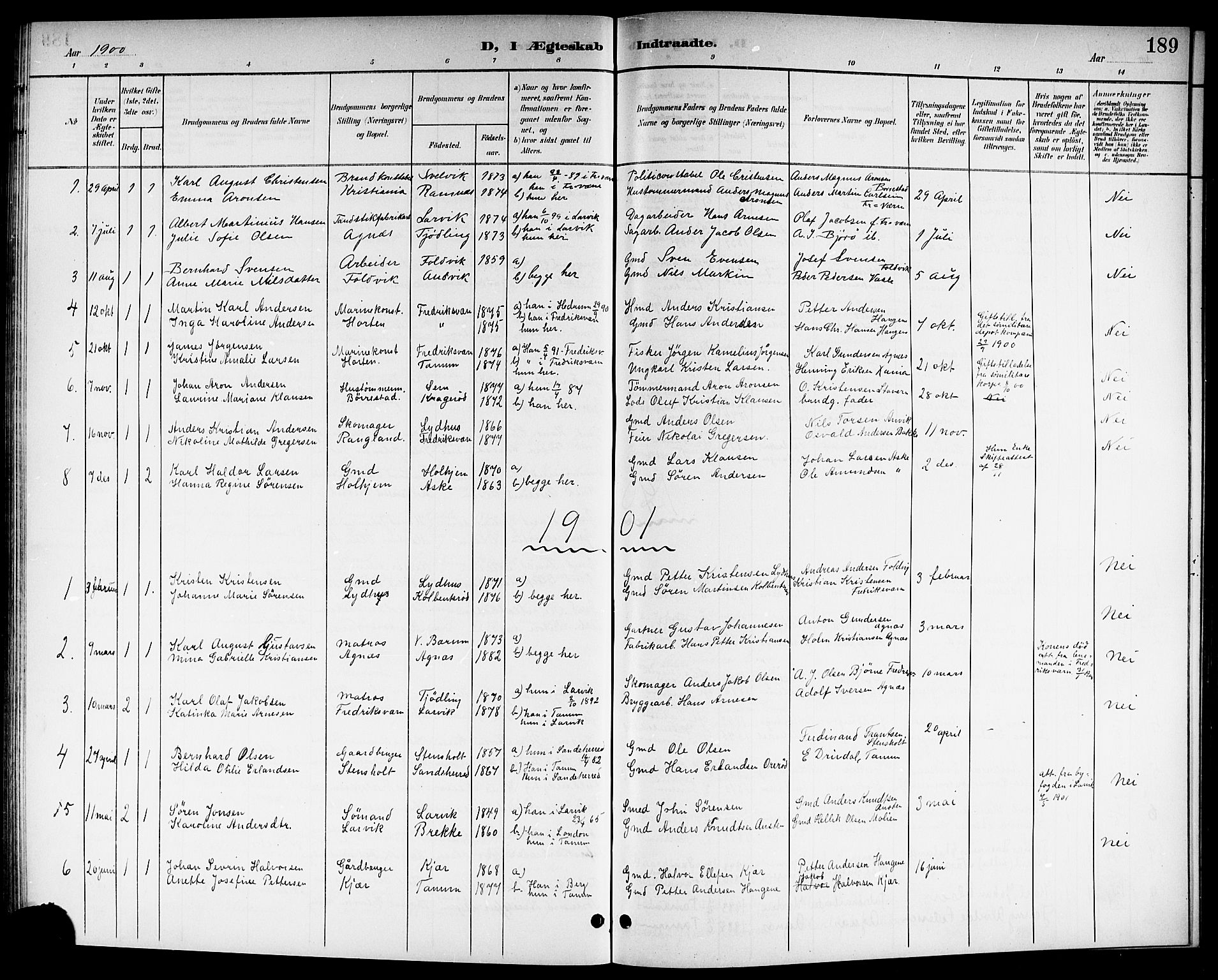 Brunlanes kirkebøker, SAKO/A-342/G/Ga/L0004: Parish register (copy) no. I 4, 1898-1921, p. 189