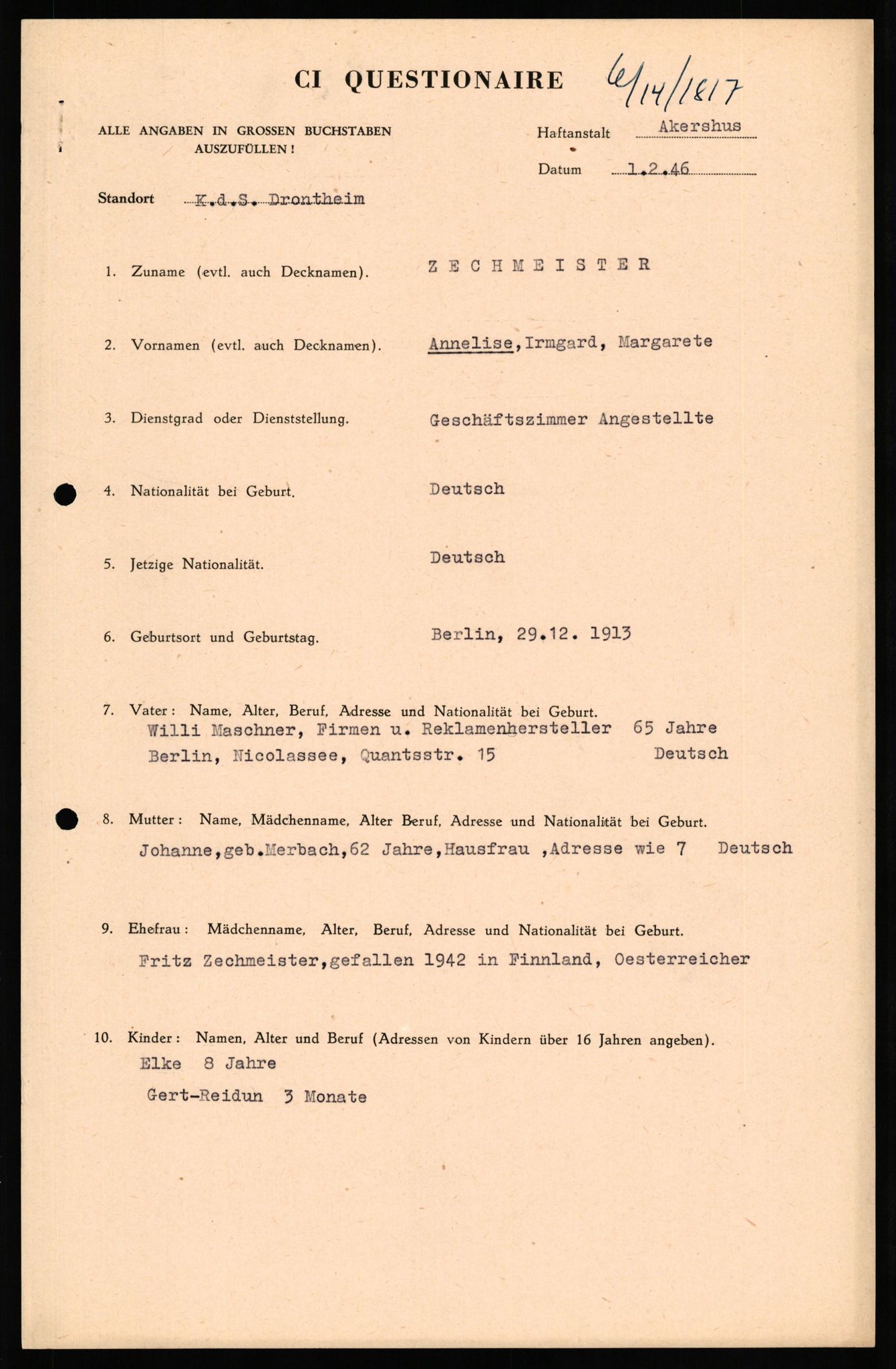 Forsvaret, Forsvarets overkommando II, AV/RA-RAFA-3915/D/Db/L0037: CI Questionaires. Tyske okkupasjonsstyrker i Norge. Tyskere., 1945-1946, p. 81