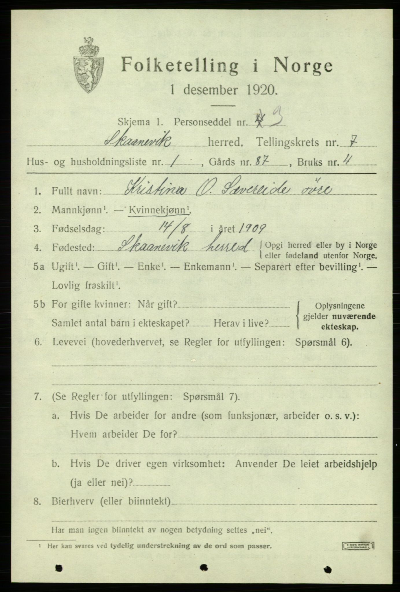 SAB, 1920 census for Skånevik, 1920, p. 4361