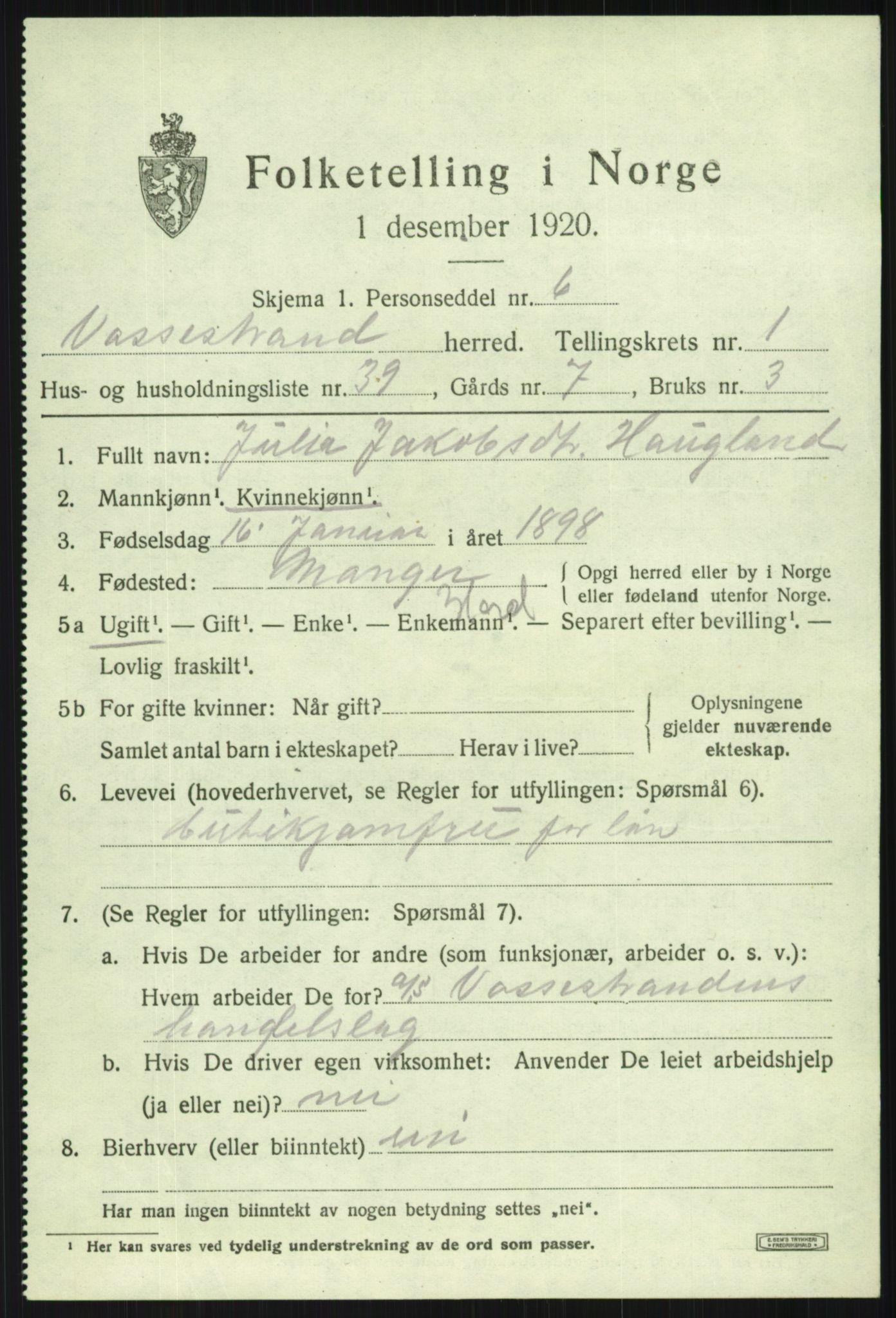 SAB, 1920 census for Vossestrand, 1920, p. 1106