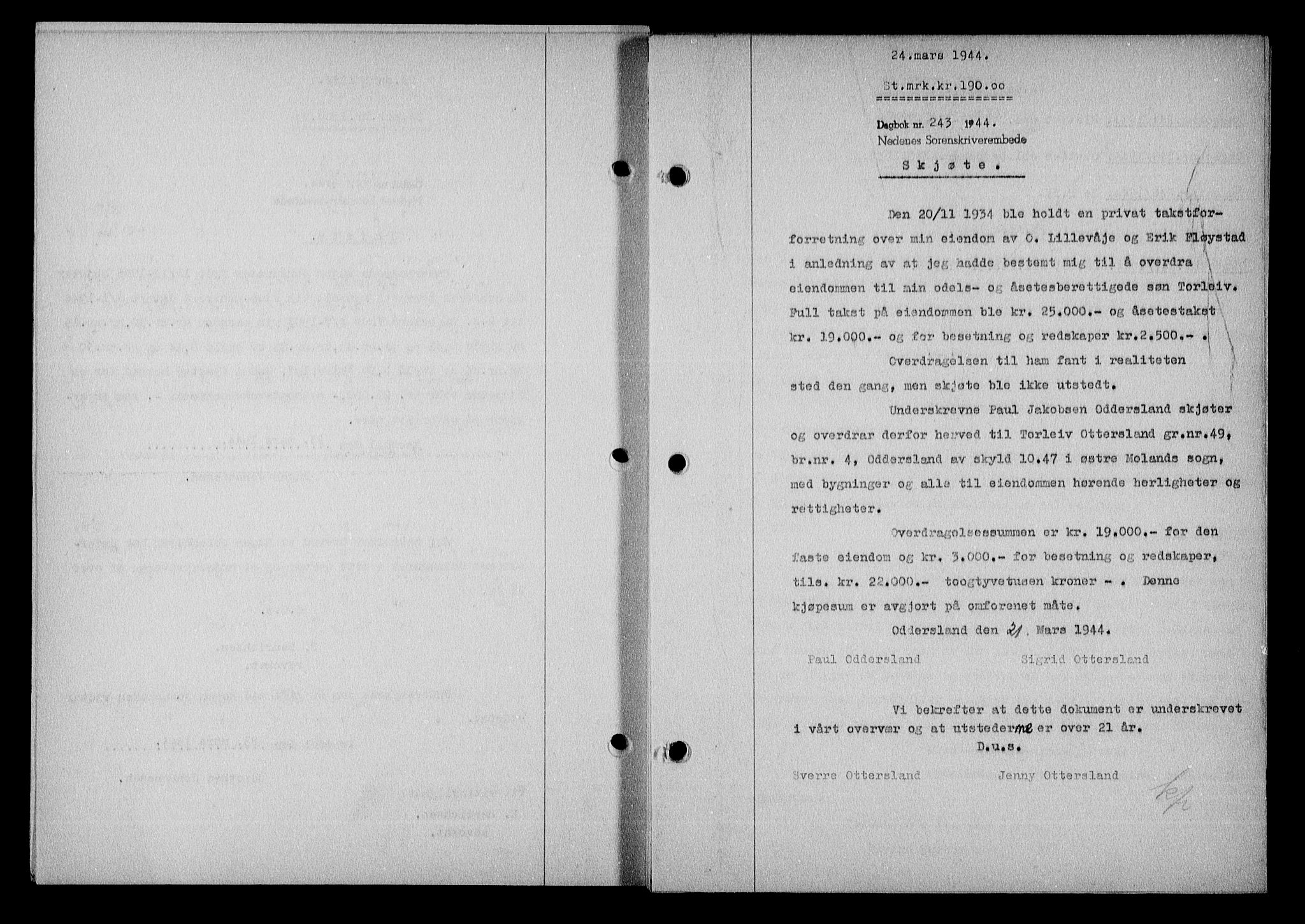 Nedenes sorenskriveri, SAK/1221-0006/G/Gb/Gba/L0051: Mortgage book no. A-V, 1943-1944, Diary no: : 243/1944