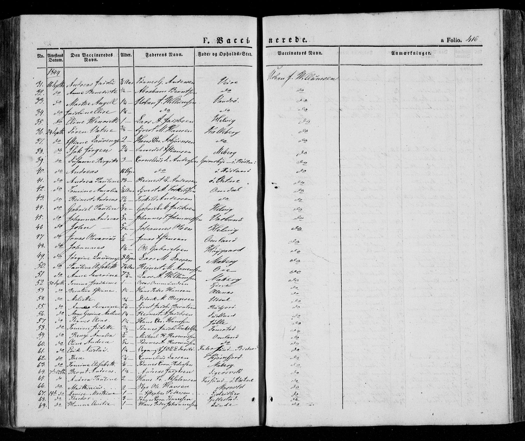 Lista sokneprestkontor, AV/SAK-1111-0027/F/Fa/L0009: Parish register (official) no. A 9, 1835-1846, p. 416